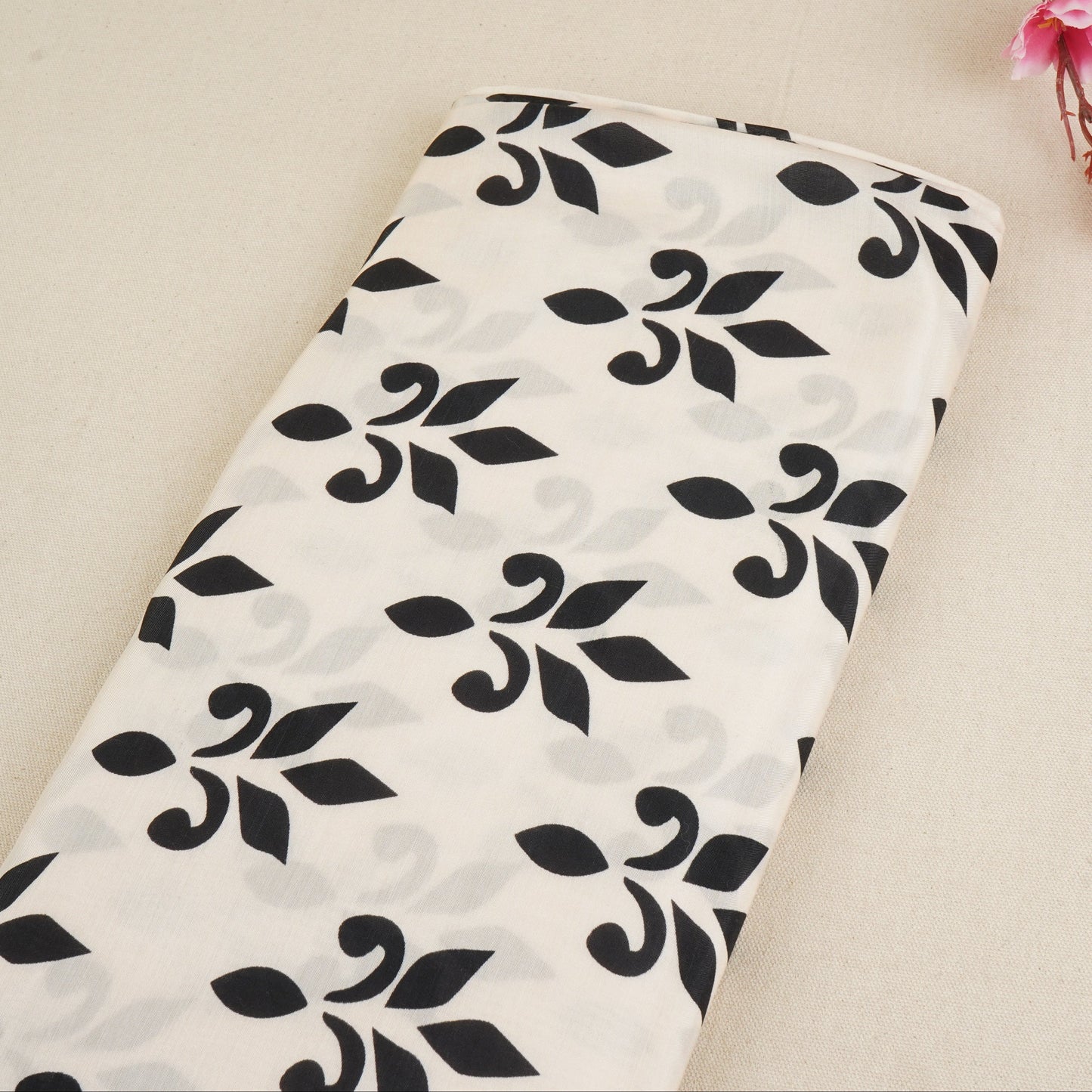Black with Off White Floral Print Muslin Fabric MT-29394