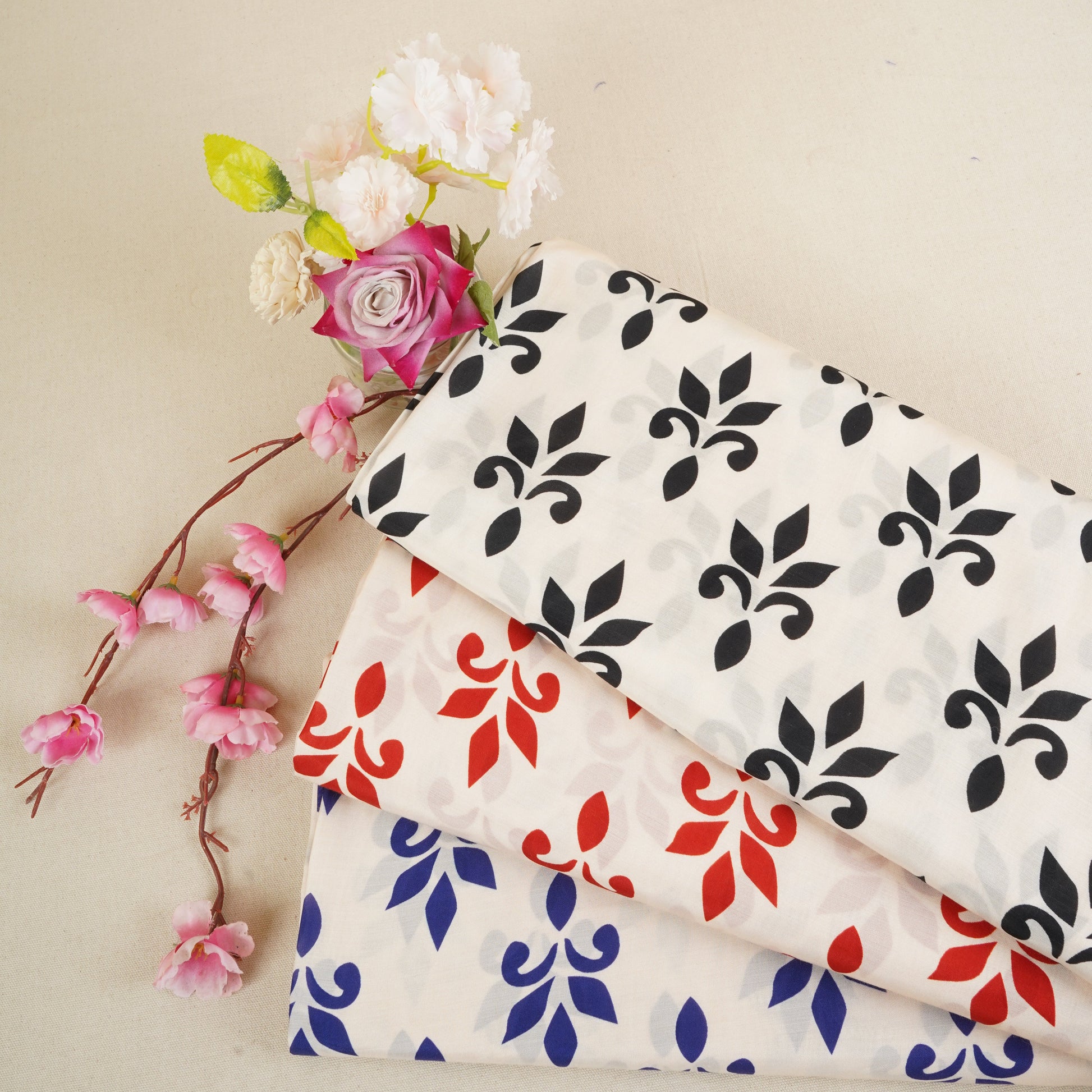 Red with Cream Floral Print Muslin Fabric MT-29393