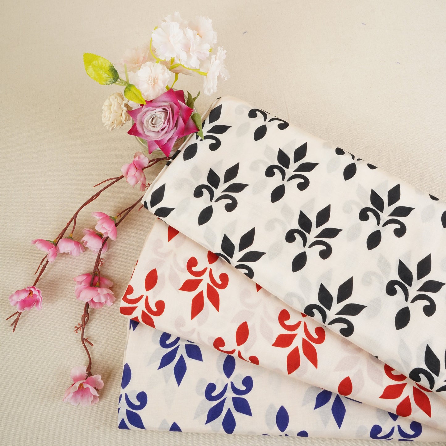 Royal Blue with Off White Floral Print Muslin Fabric MT-29392