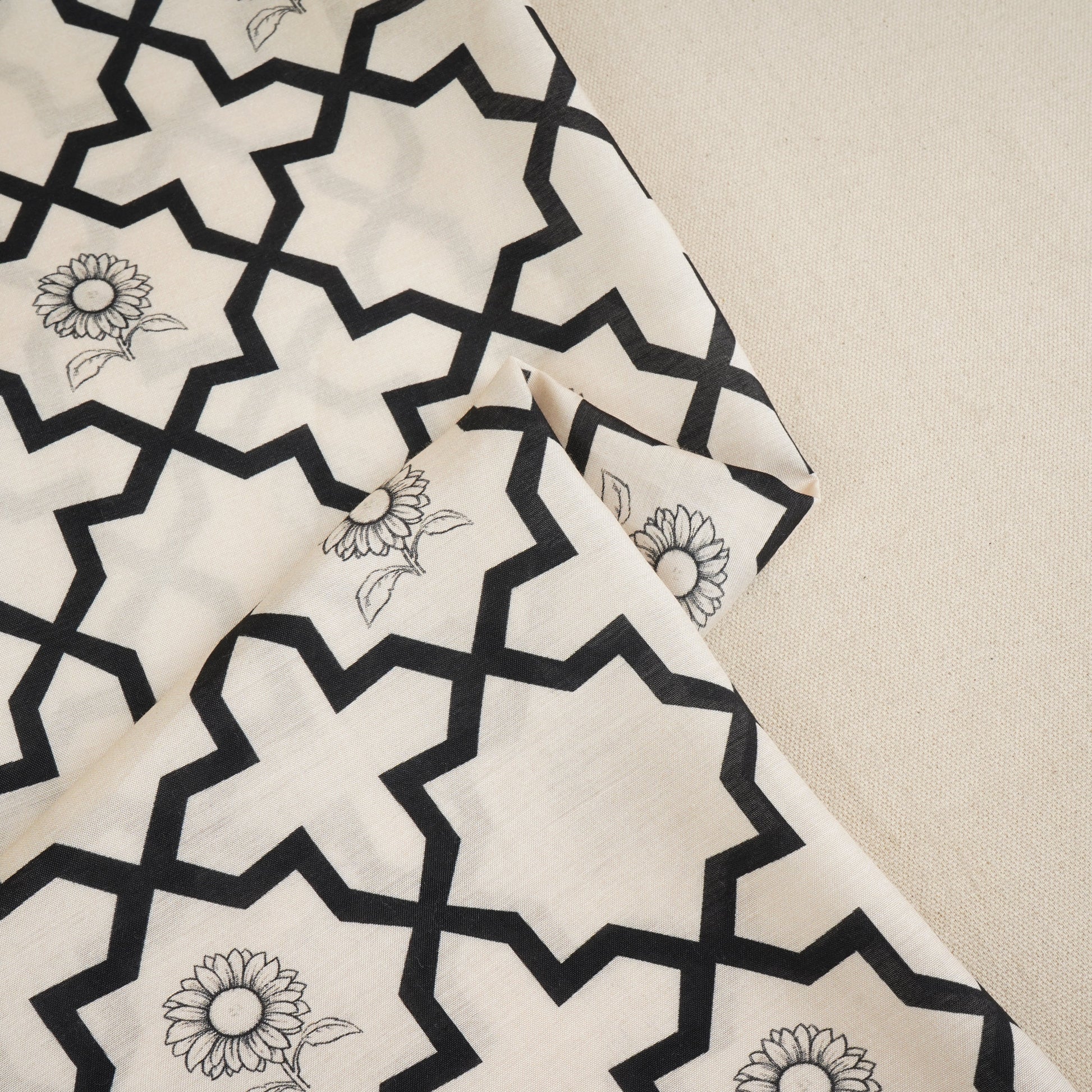 Black with Off White Moroccon Print Muslin Fabric MT-29397