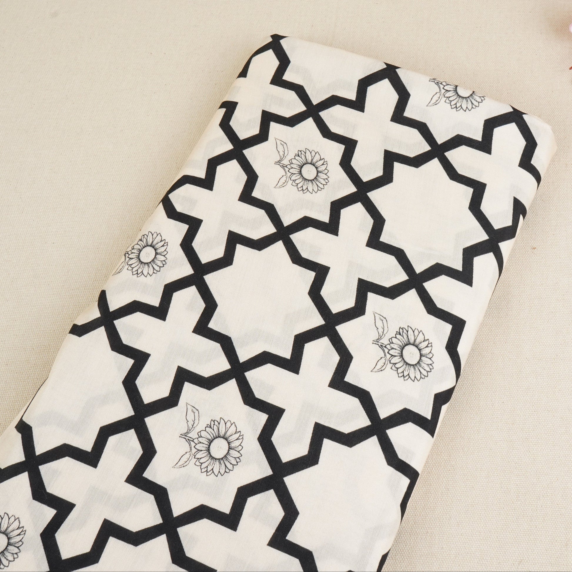 Black with Off White Moroccon Print Muslin Fabric MT-29397