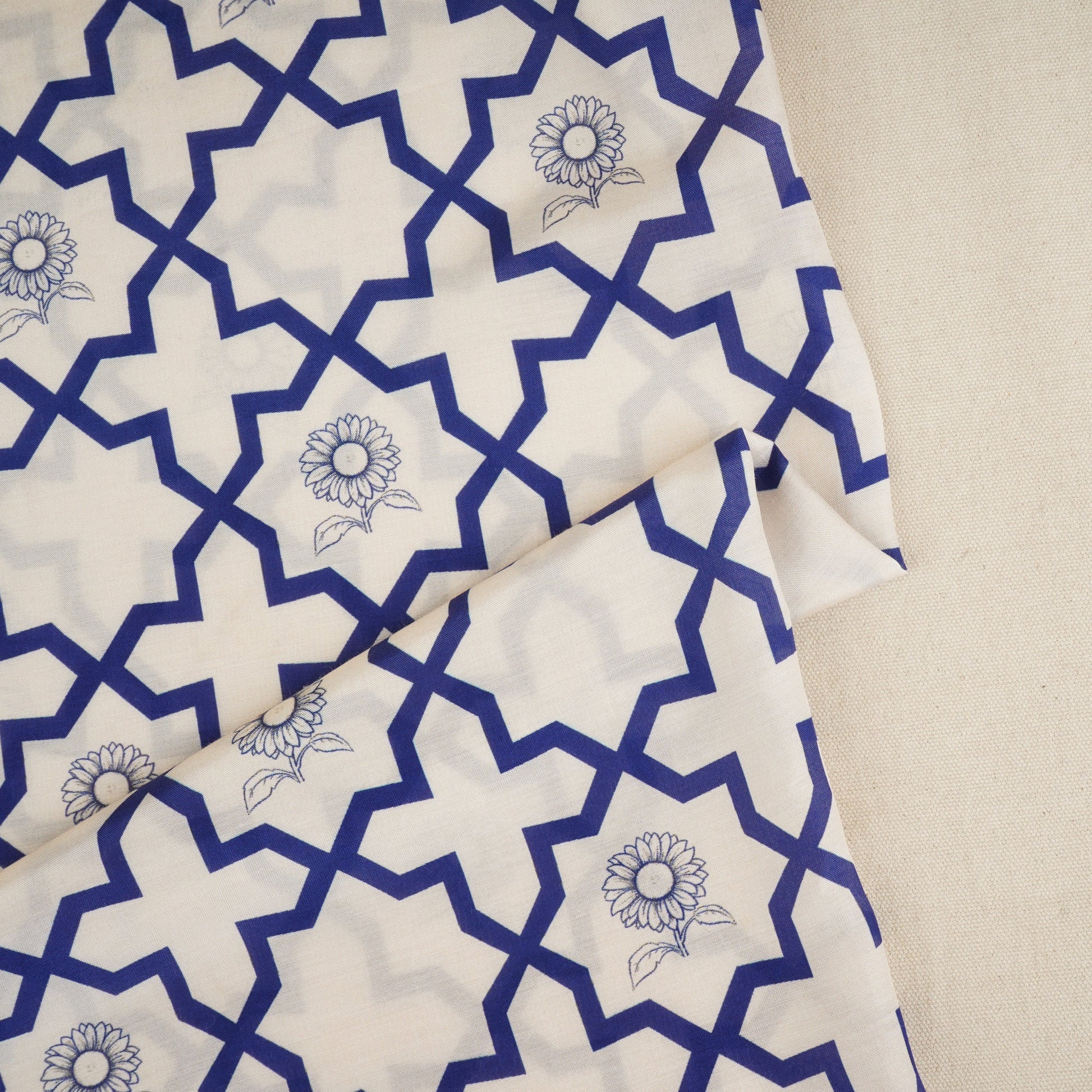 Royal Blue with Off White Moroccon Print Muslin Fabric MT-29396