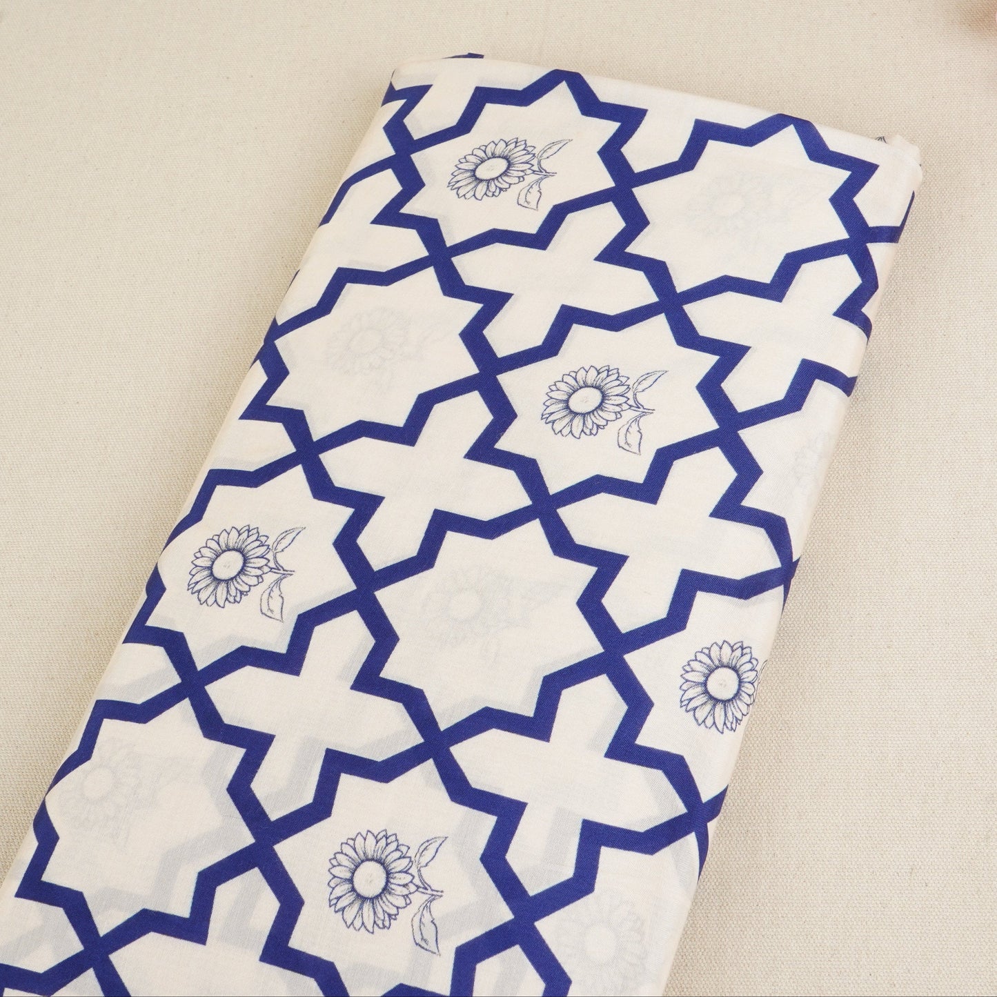 Royal Blue with Off White Moroccon Print Muslin Fabric MT-29396