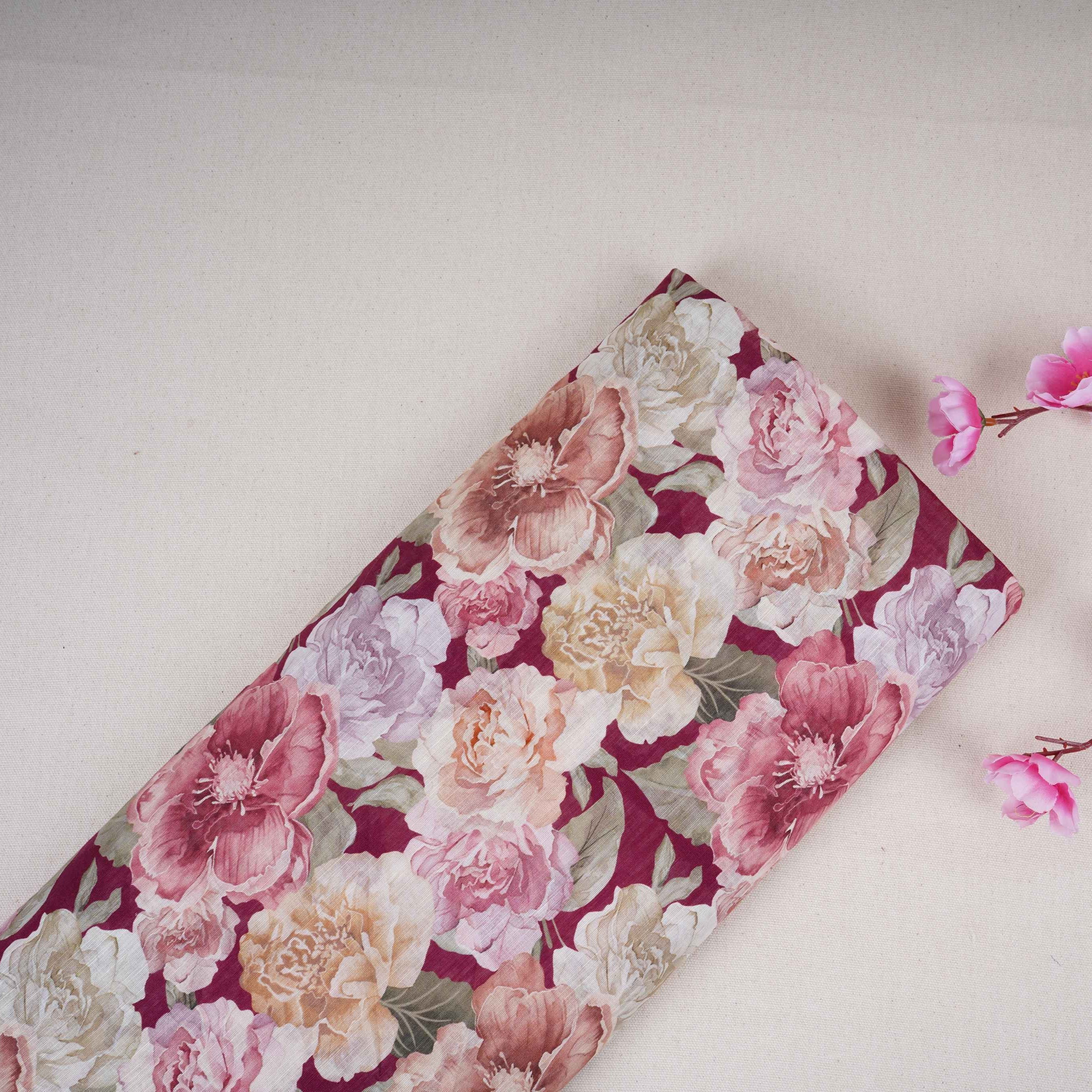 Maroon With Multicolor Floral Print Cotton Linen Fabric RT-30966 - TradeUNO