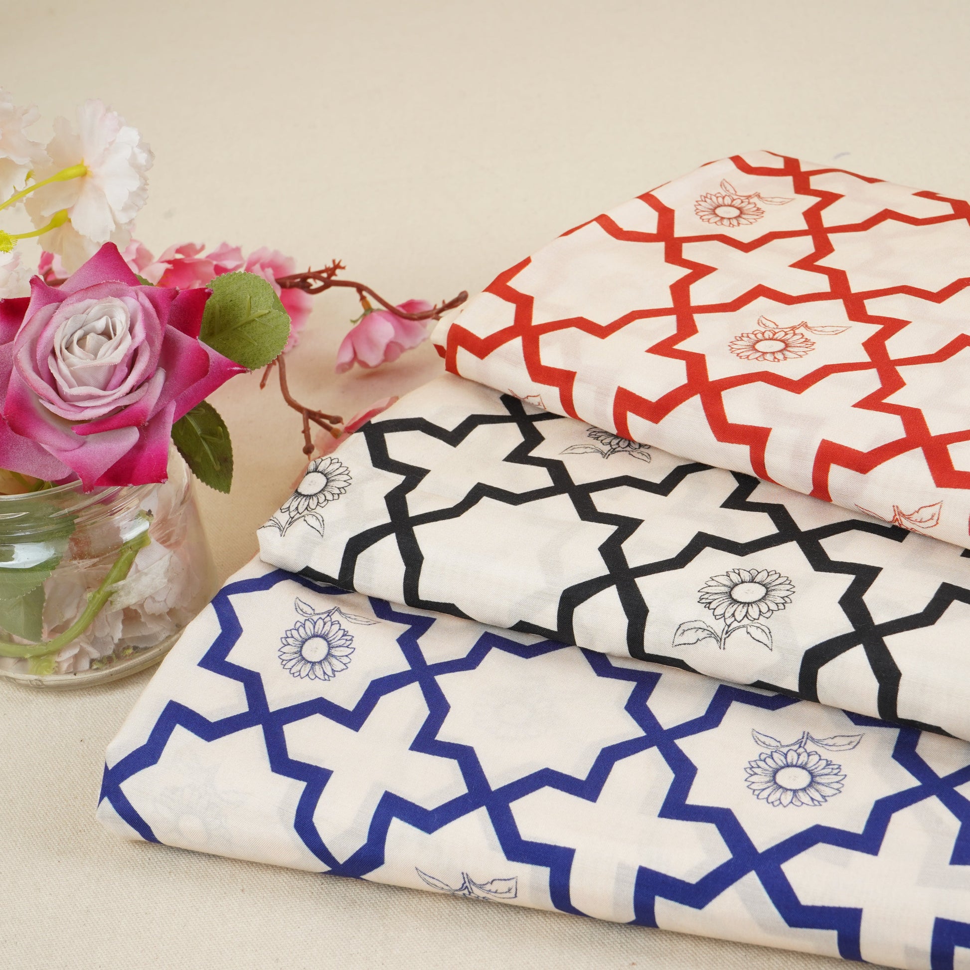 Black with Off White Moroccon Print Muslin Fabric MT-29397