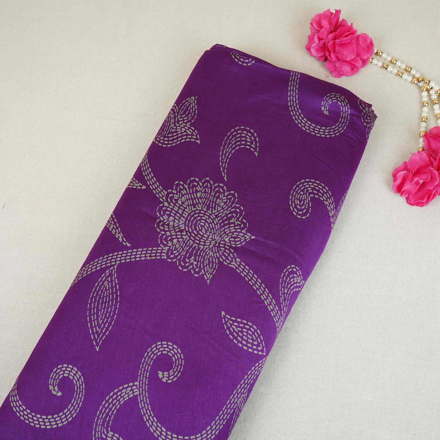 Purple Floral Print Pure 70gm Chanderi Fabric SN-30528