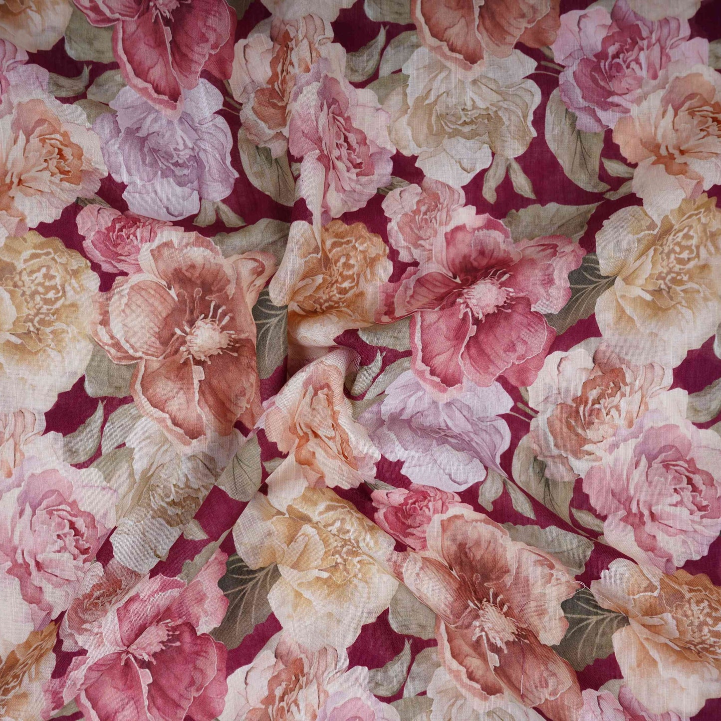 Maroon With Multicolor Floral Print Cotton Linen Fabric RT-30966