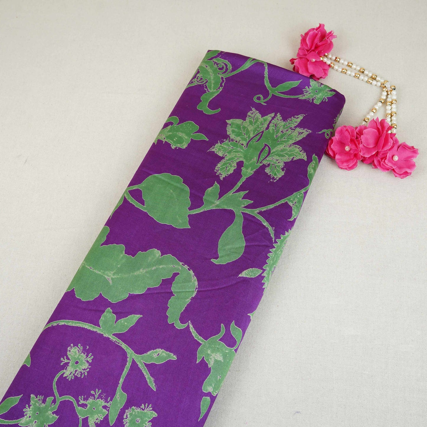 Purple Floral Print Pure 70gm Chanderi Fabric SN-30526