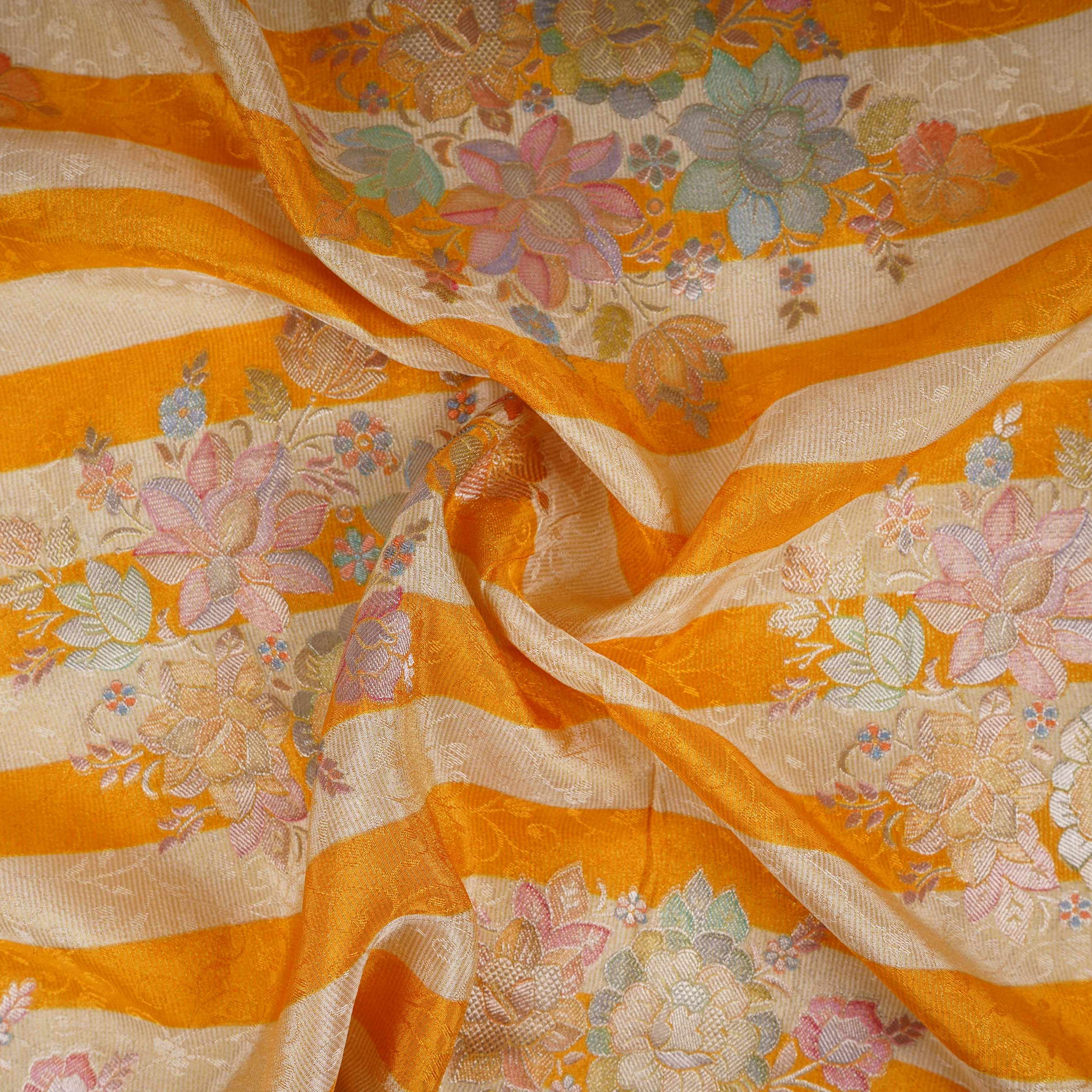 Mustard Yellow Stripes Meenakari Floral Pure Tissue Fabric SGS-30721 - TradeUNO