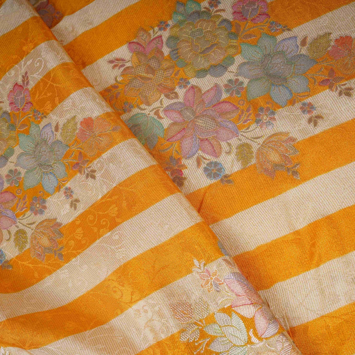 Mustard Yellow Stripes Meenakari Floral Pure Tissue Fabric SGS-30721