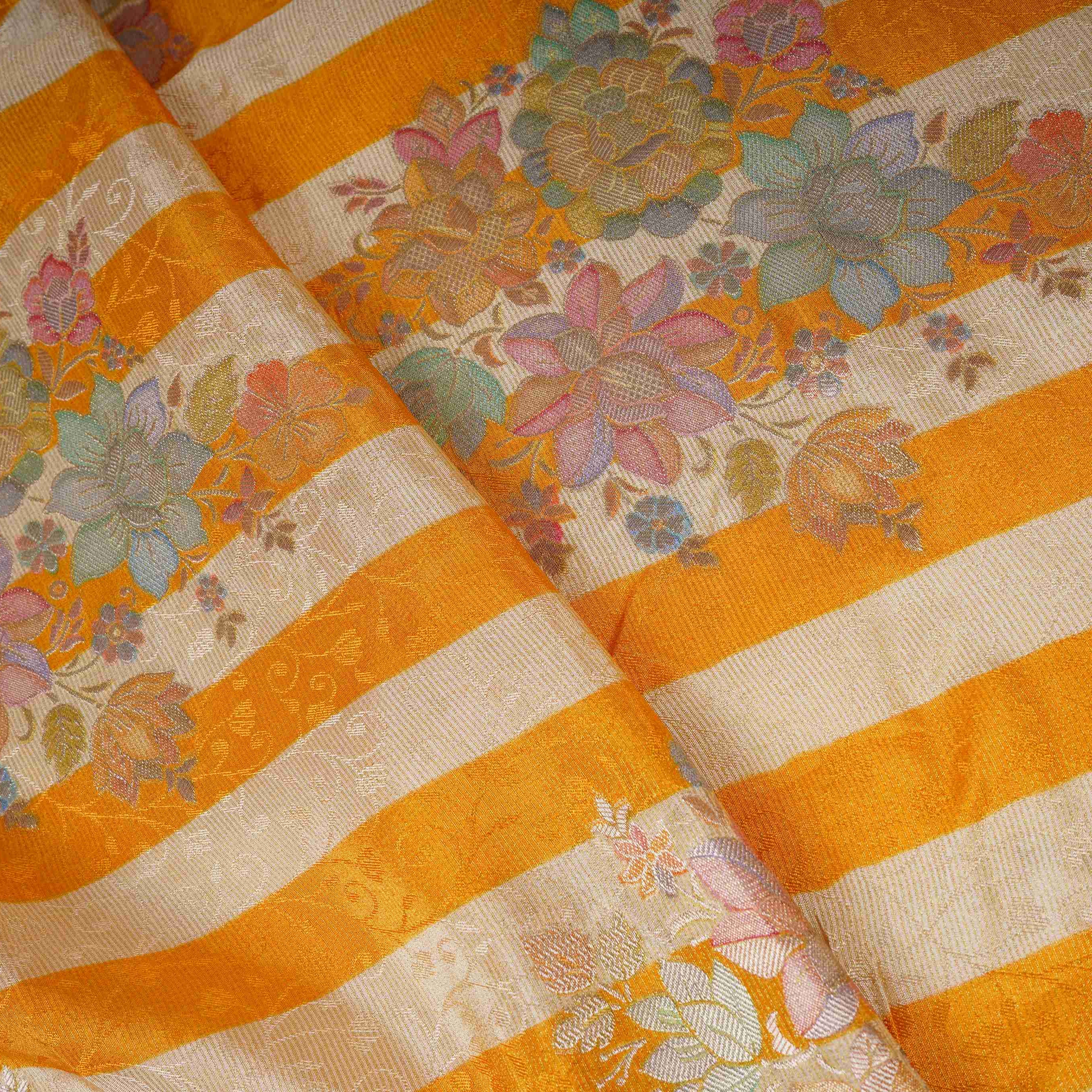 Mustard Yellow Stripes Meenakari Floral Pure Tissue Fabric SGS-30721 - TradeUNO