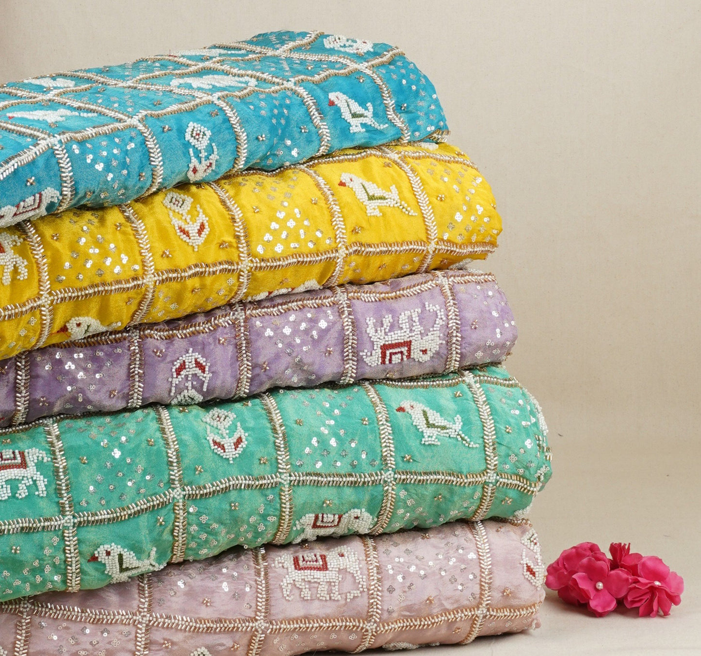 Pista Green Sequins Cutdana embroidery Tissue Fabric AC-29214