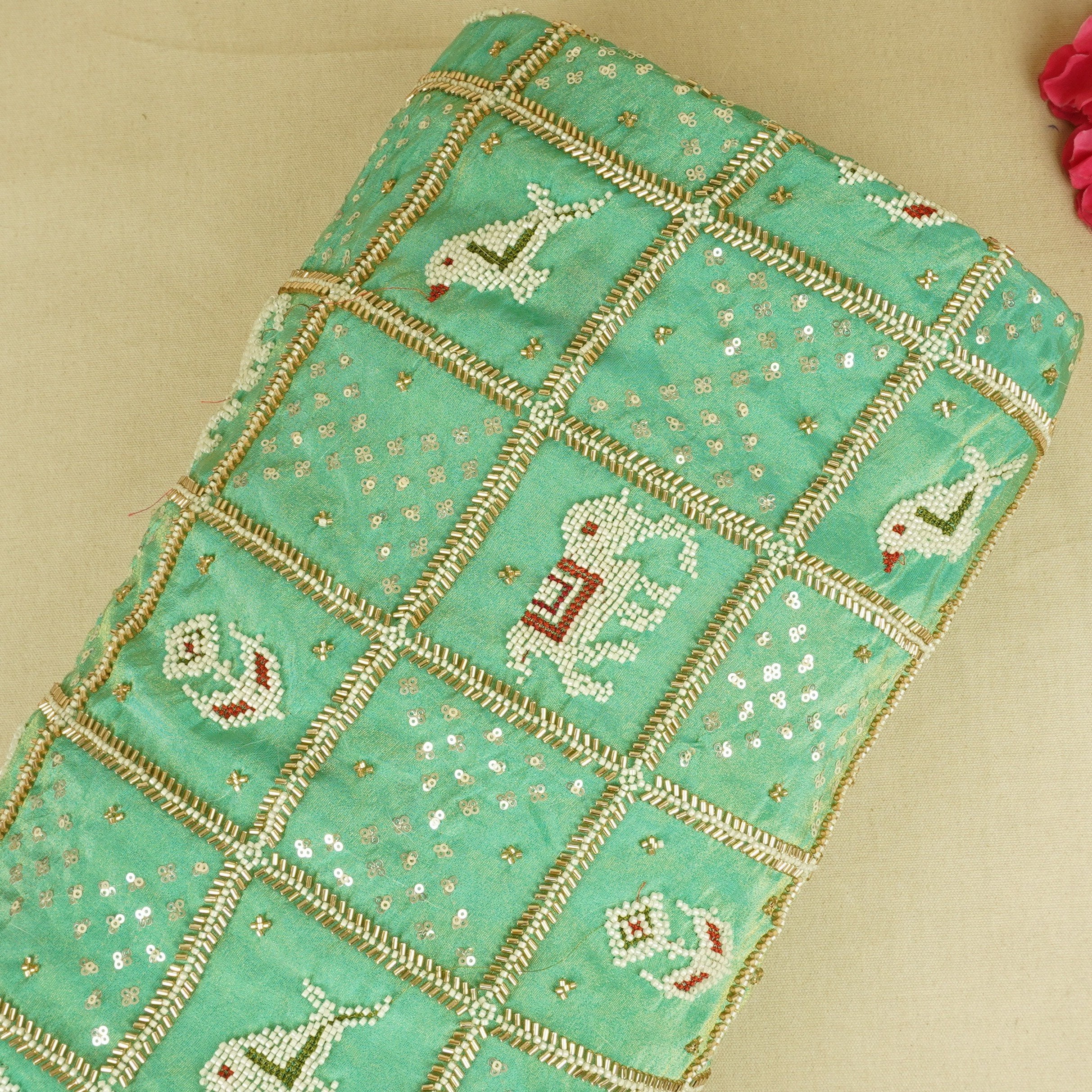 Pista Green Sequins Cutdana embroidery Tissue Fabric AC-29214