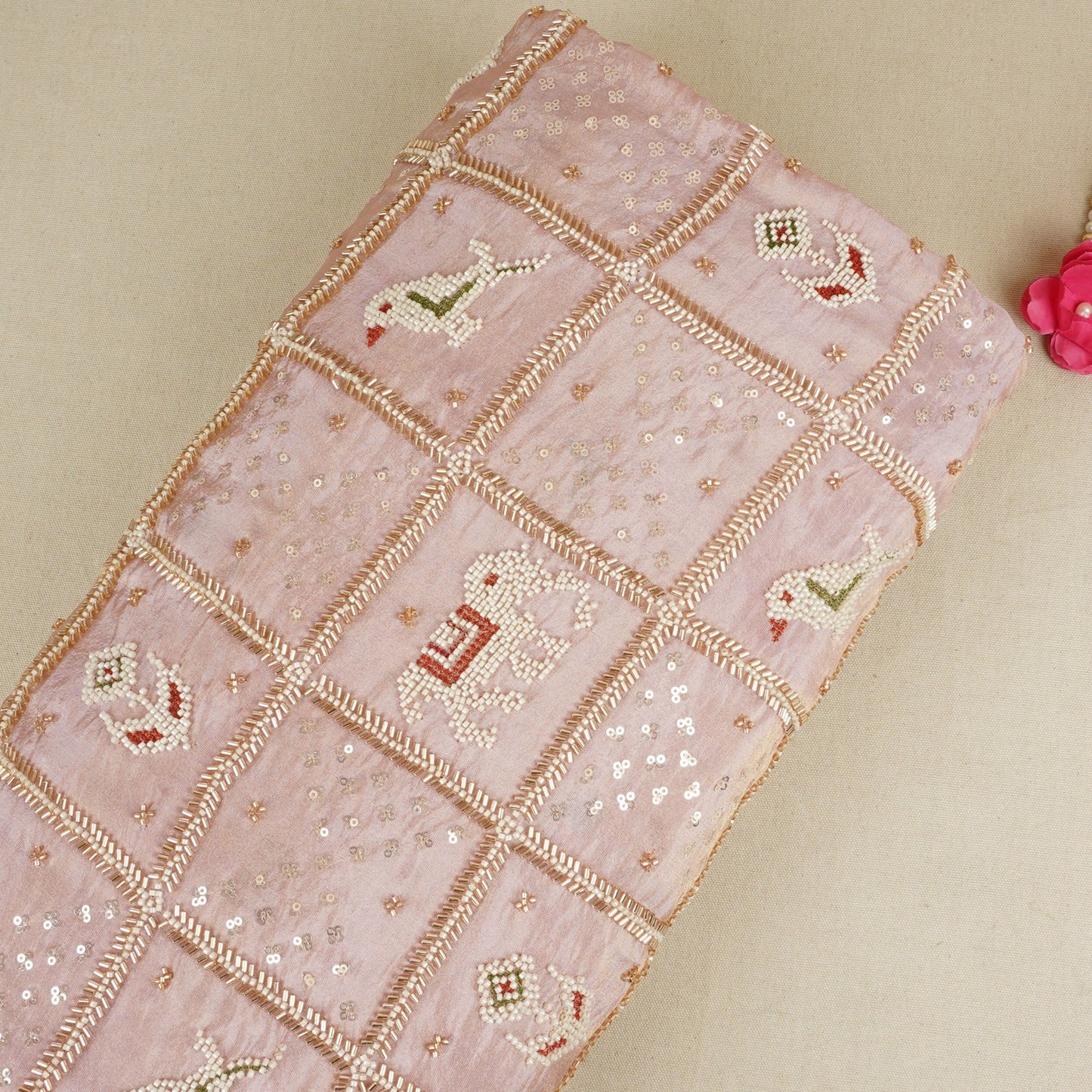 Baby Pink Sequins Cutdana embroidery Tissue Fabric AC-29210