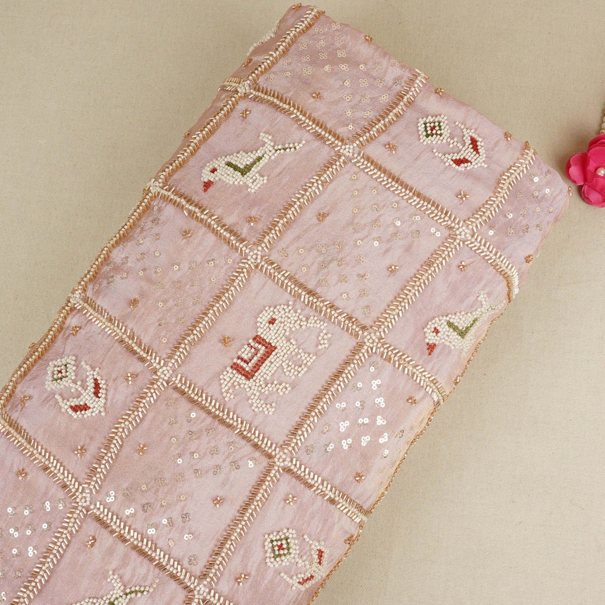 Baby Pink Sequins Cutdana embroidery Tissue Fabric AC-29210