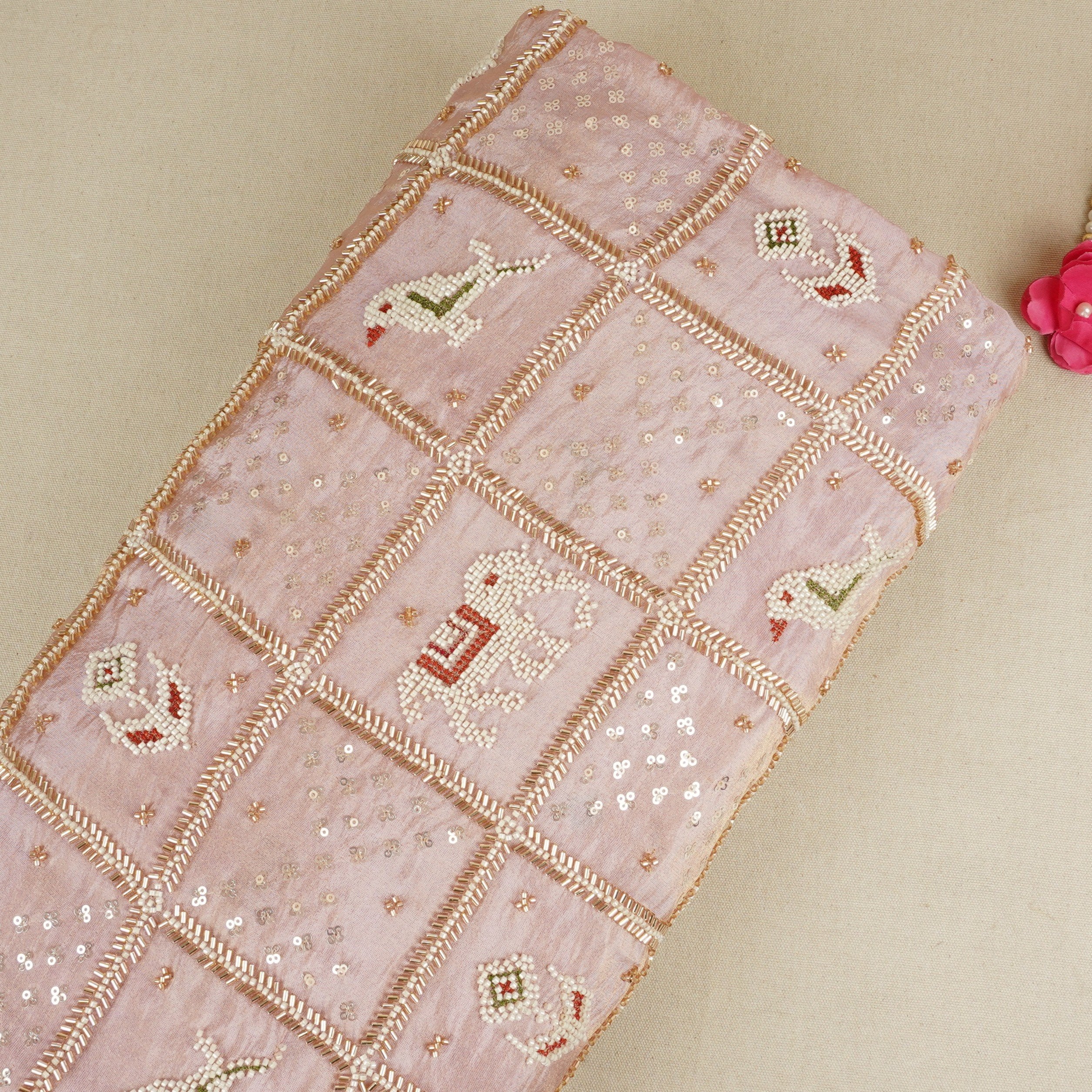 Baby Pink Sequins Cutdana embroidery Tissue Fabric AC-29210