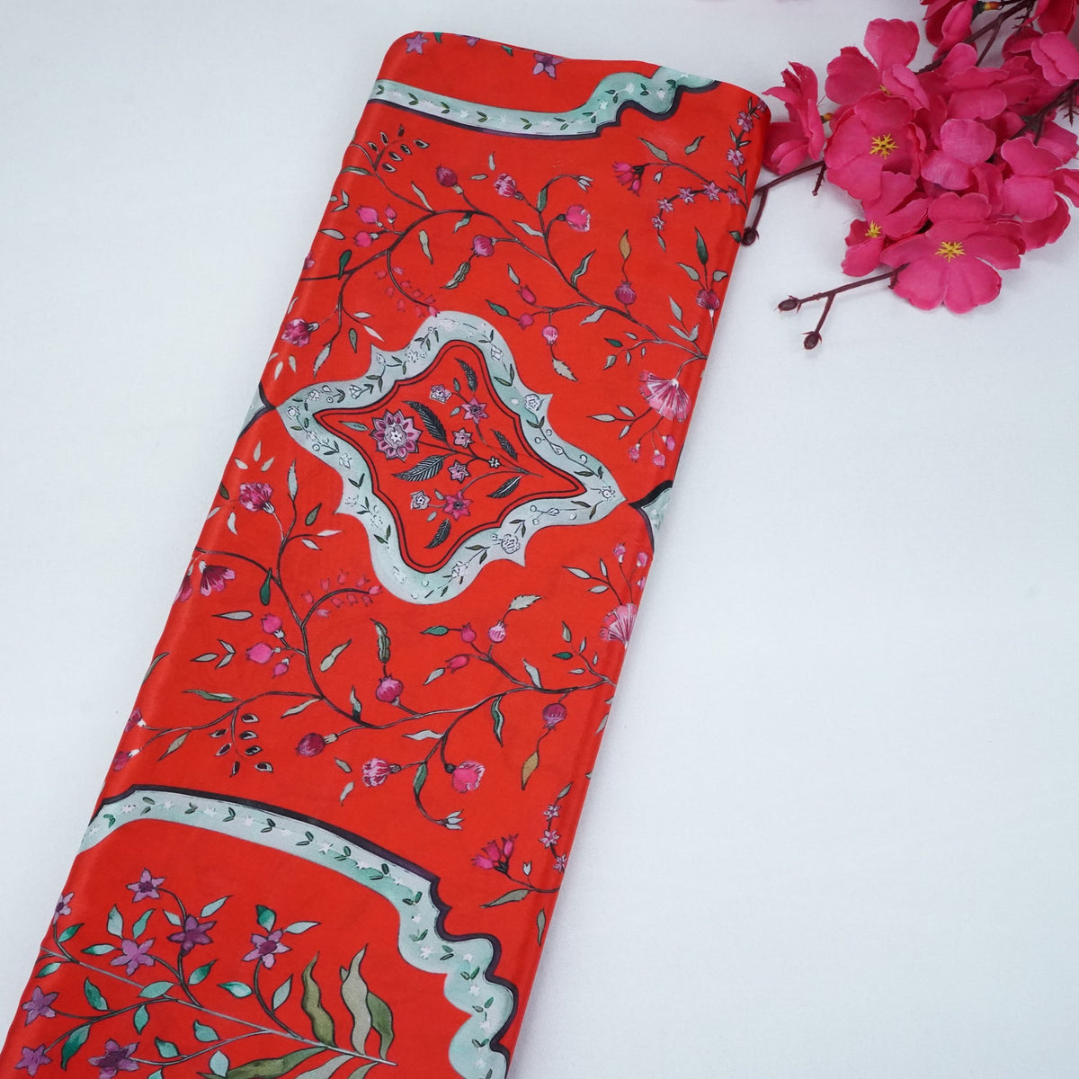 Red Floral Print Natural Crepe Fabric SN-34941