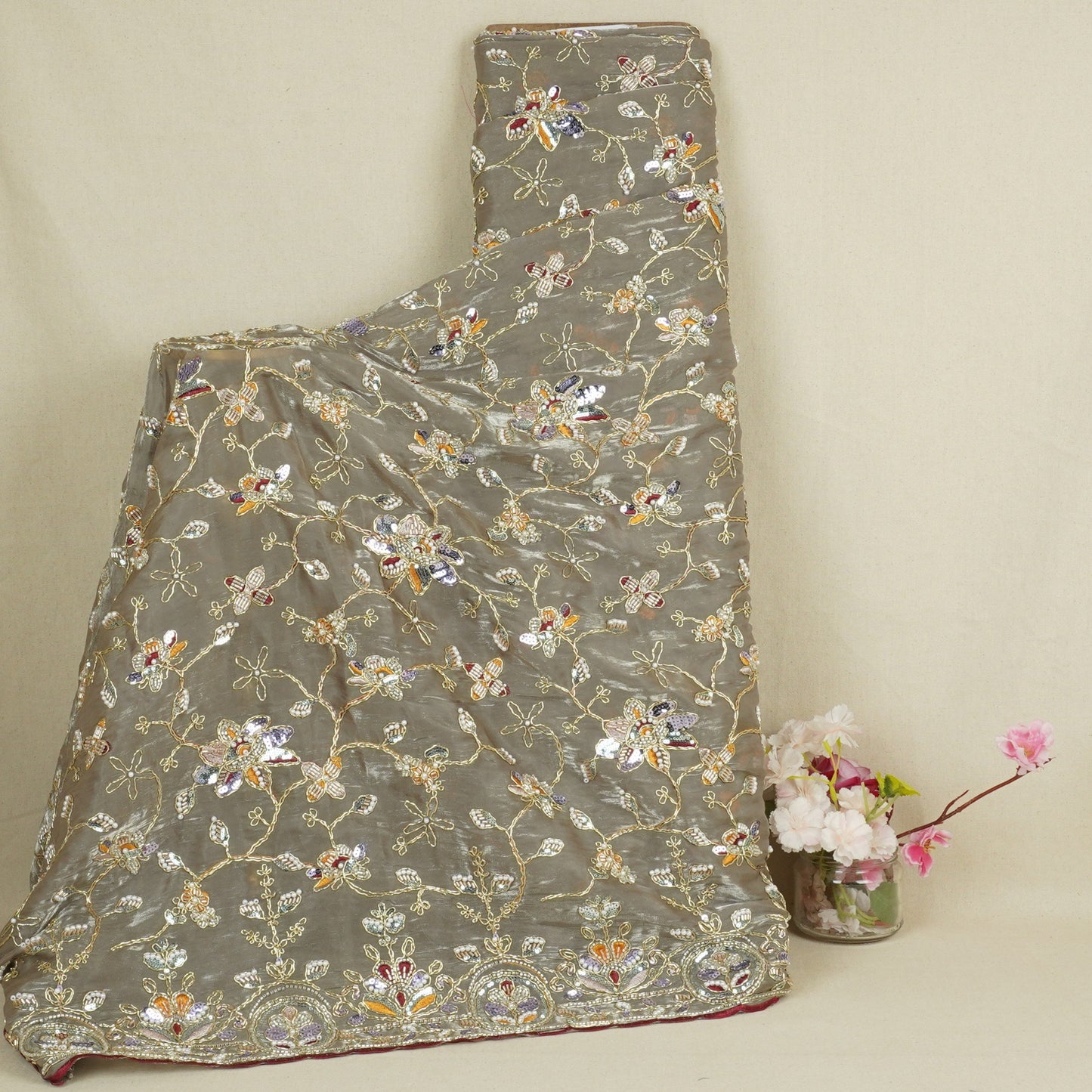 Olive Green Floral Zari Embroidery Tissue Organza Fabric AF-28992