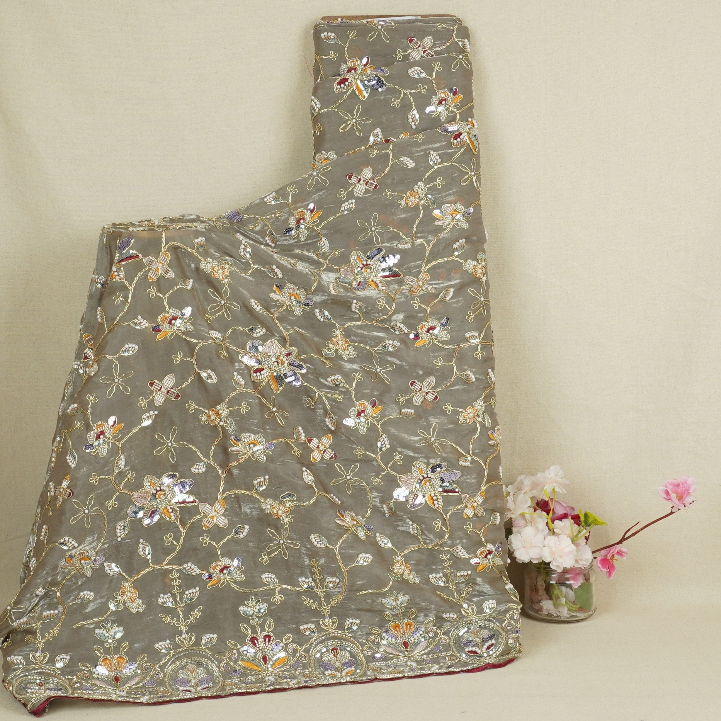 Olive Green Floral Zari Embroidery Tissue Organza Fabric AF-28992 - TradeUNO