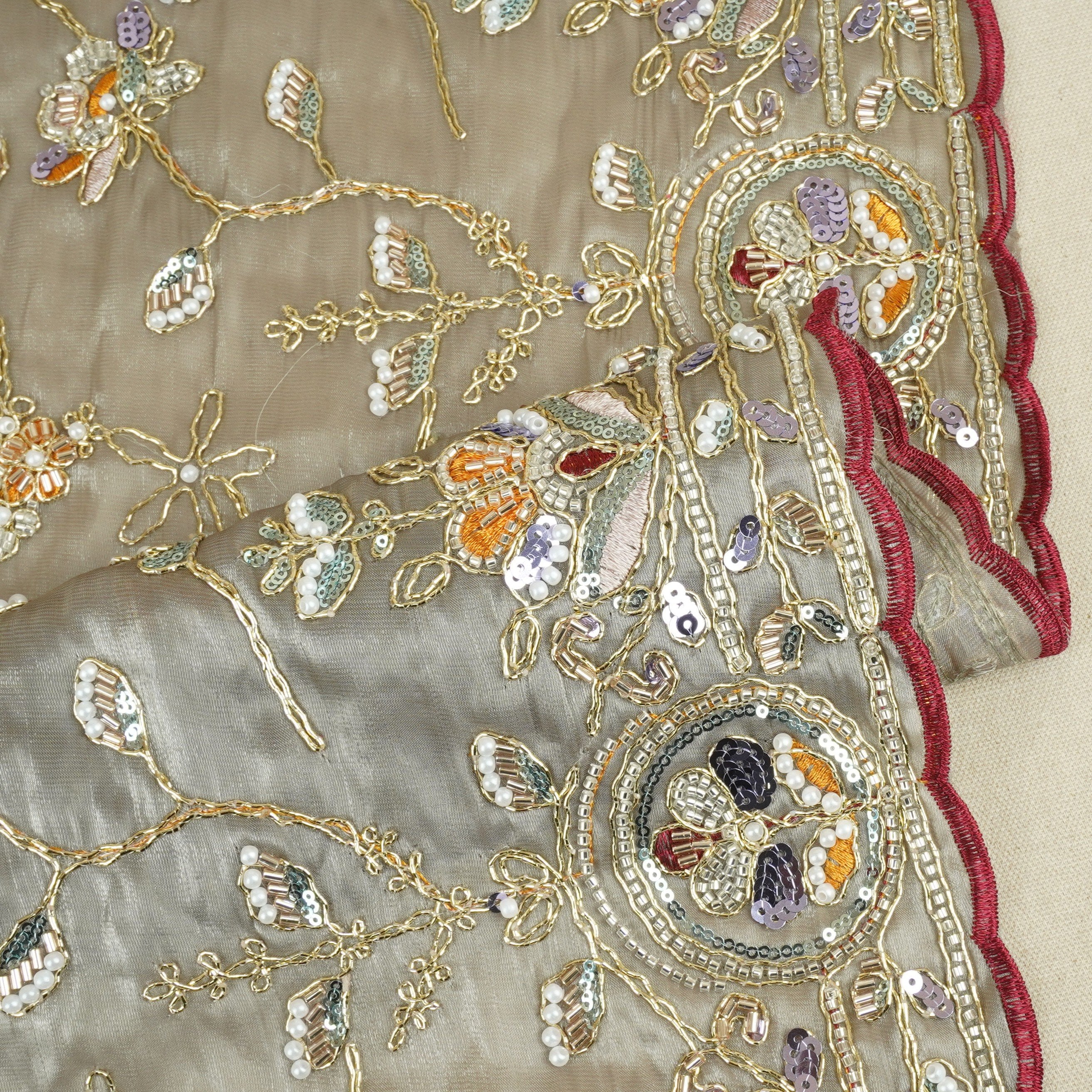 Olive Green Floral Zari Embroidery Tissue Organza Fabric AF-28992 - TradeUNO