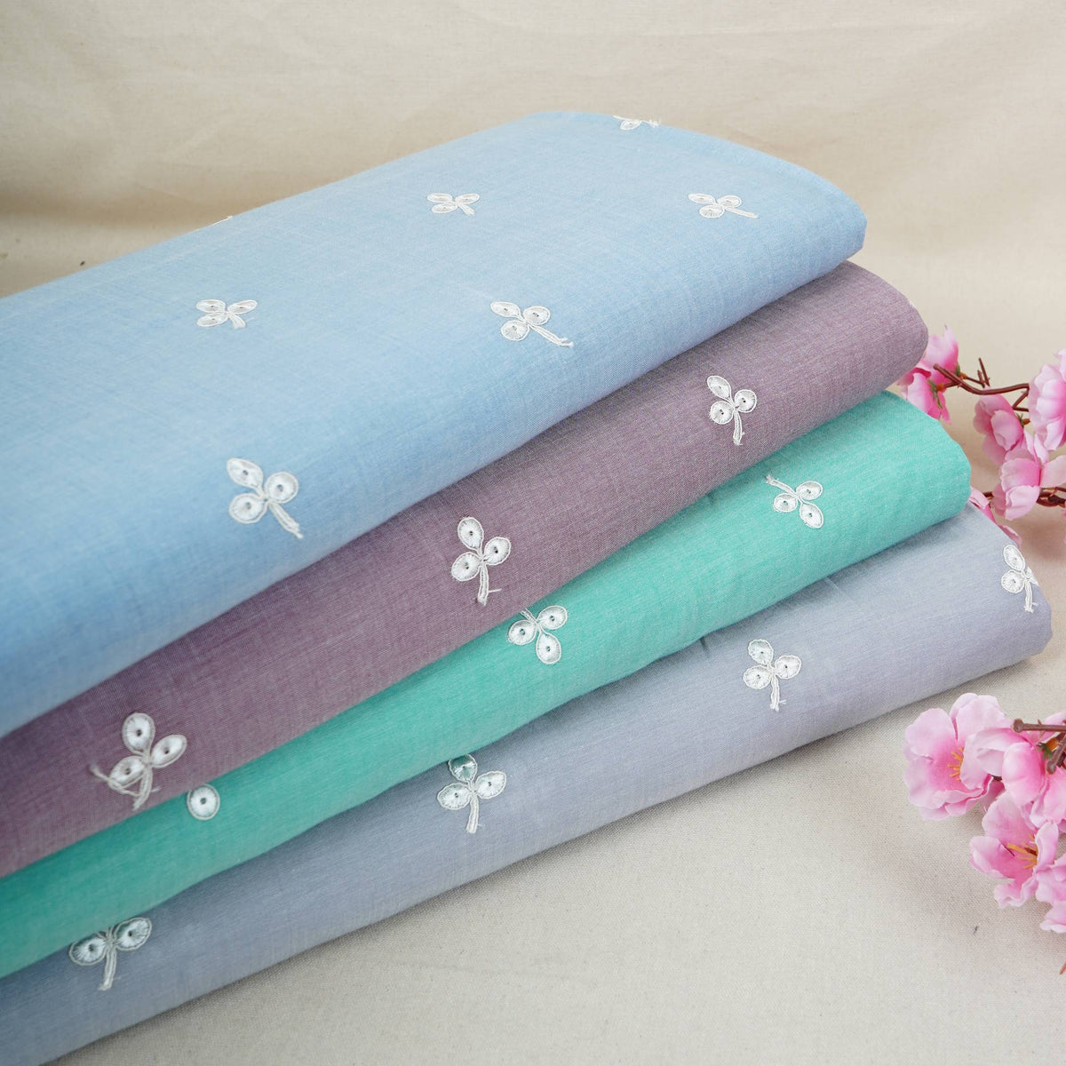 Teal Green Floral Embroidery South Cotton Fabric ZA-30589 - TradeUNO