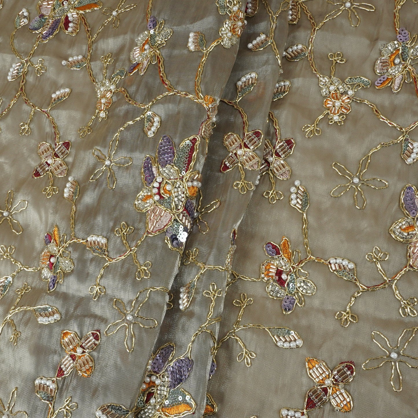 Olive Green Floral Zari Embroidery Tissue Organza Fabric AF-28992