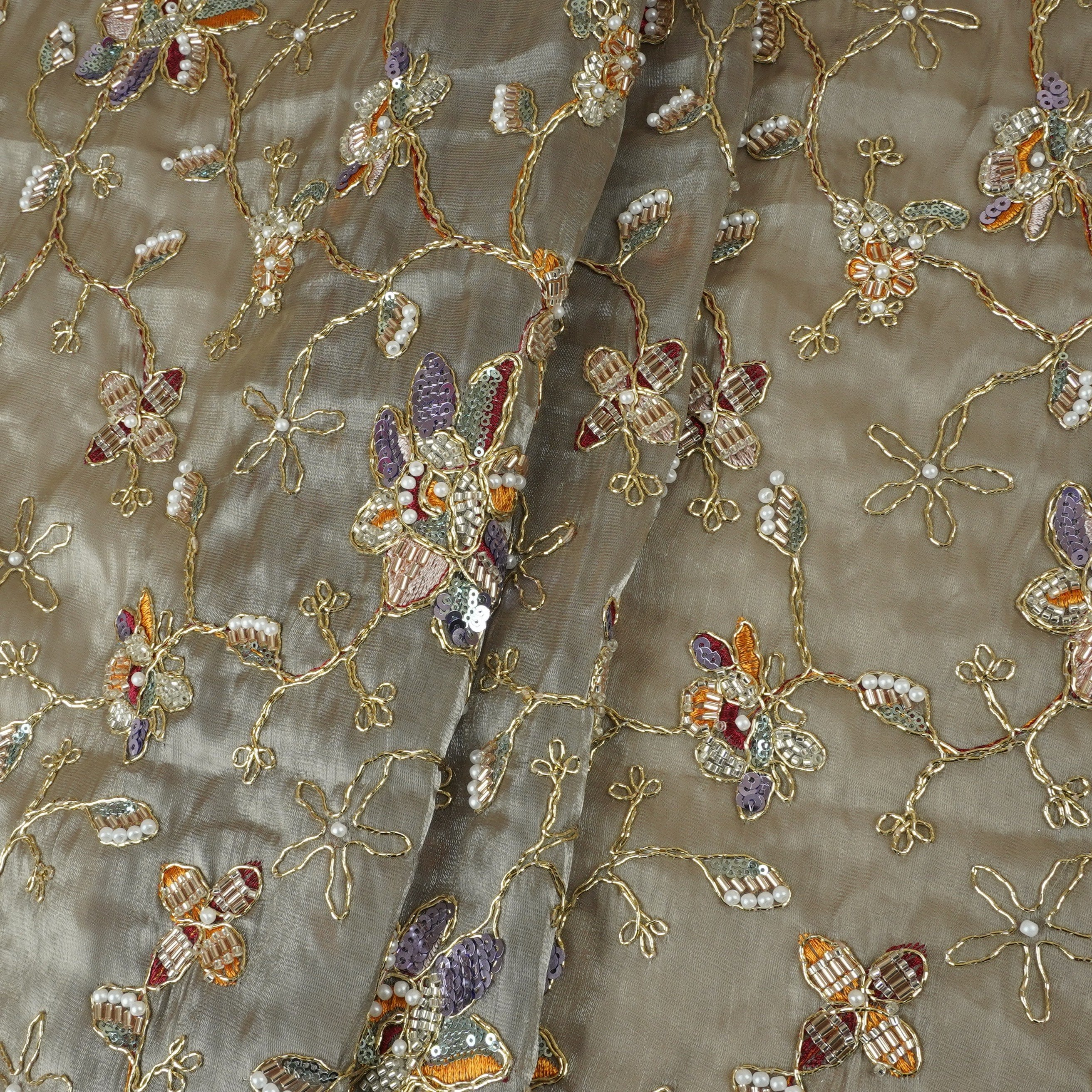Olive Green Floral Zari Embroidery Tissue Organza Fabric AF-28992 - TradeUNO