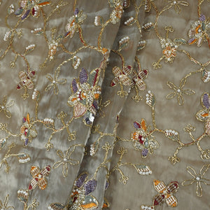 Olive Green Floral Zari Embroidery Tissue Organza Fabric AF-28992 - TradeUNO