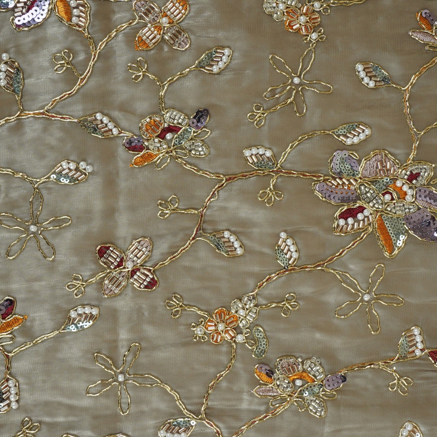 Olive Green Floral Zari Embroidery Tissue Organza Fabric AF-28992