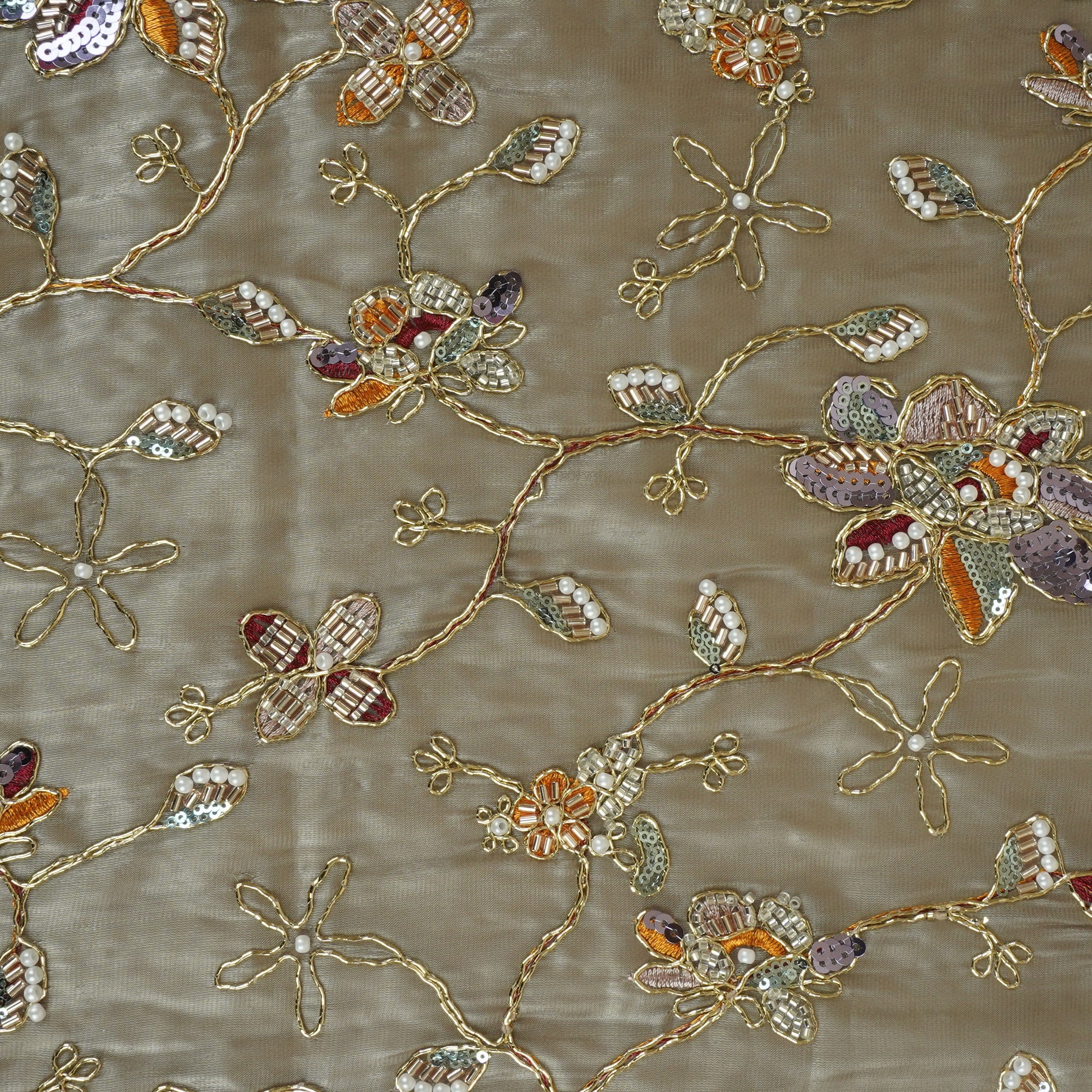 Olive Green Floral Zari Embroidery Tissue Organza Fabric AF-28992 - TradeUNO