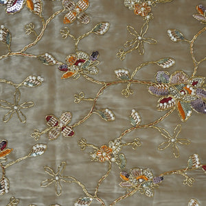 Olive Green Floral Zari Embroidery Tissue Organza Fabric AF-28992 - TradeUNO