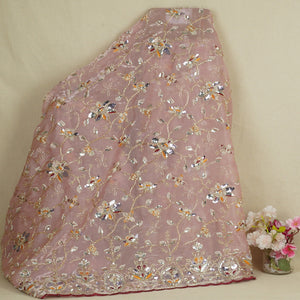 Pink Floral Zari Embroidery Tissue Organza Fabric AF-28990 - TradeUNO