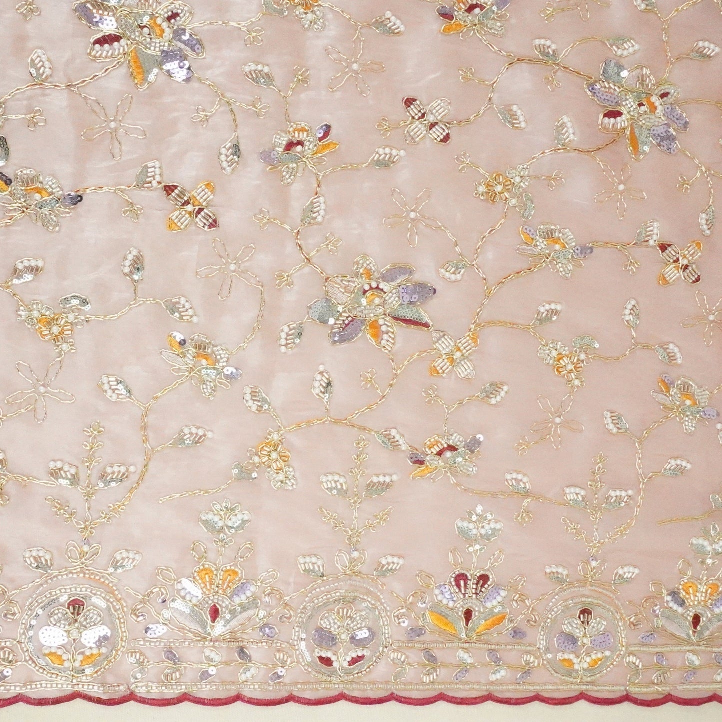 Pink Floral Zari Embroidery Tissue Organza Fabric AF-28990