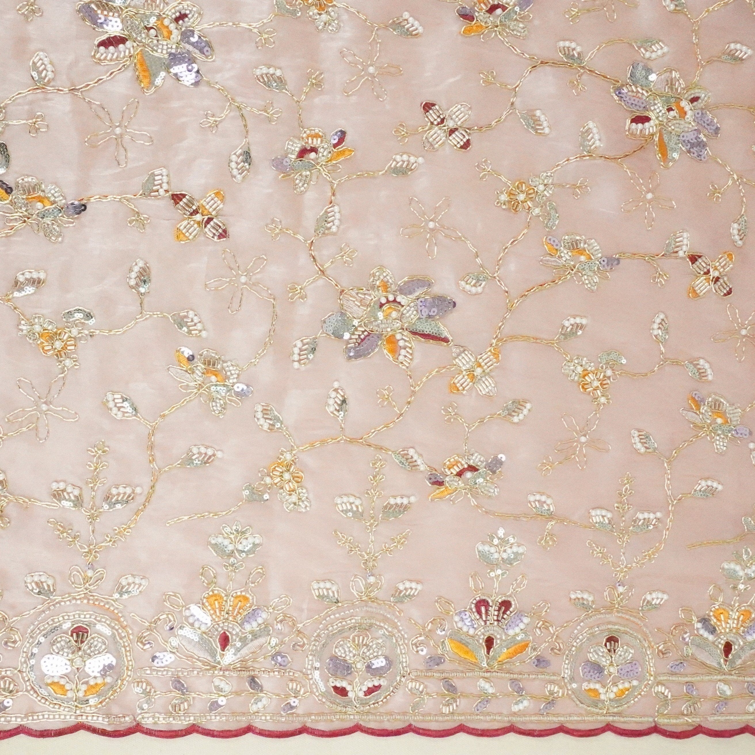 Pink Floral Zari Embroidery Tissue Organza Fabric AF-28990 - TradeUNO