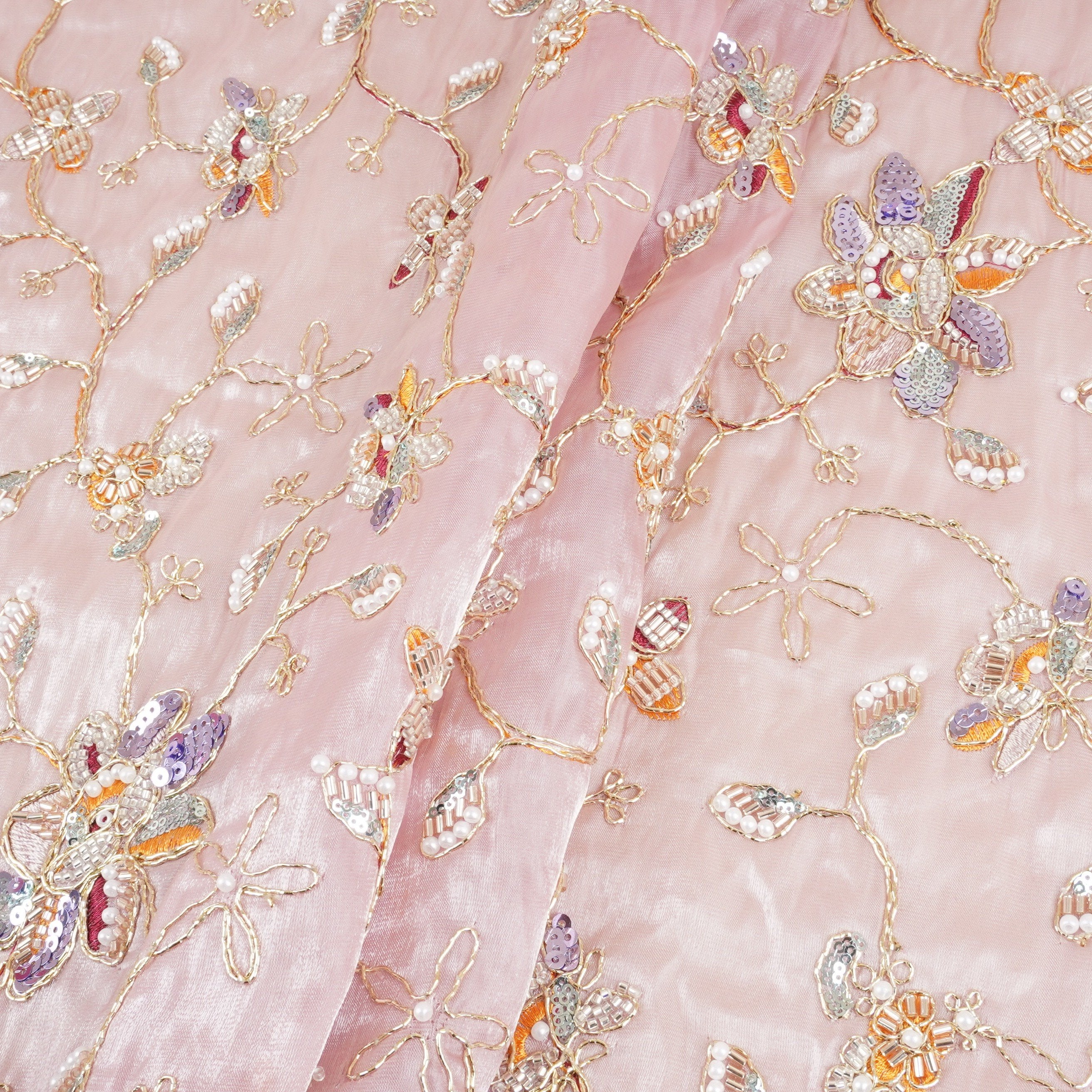Pink Floral Zari Embroidery Tissue Organza Fabric AF-28990 - TradeUNO