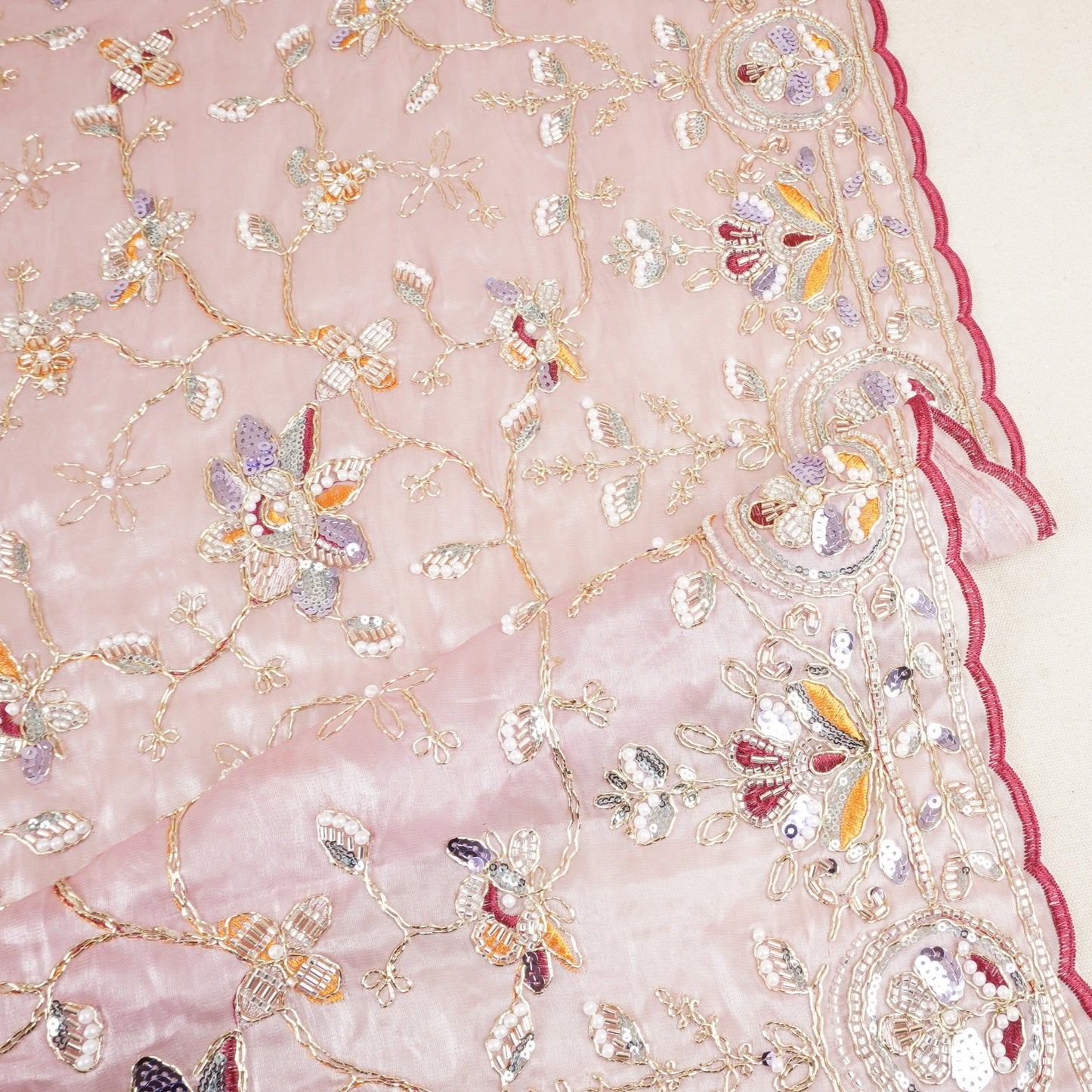 Pink Floral Zari Embroidery Tissue Organza Fabric AF-28990