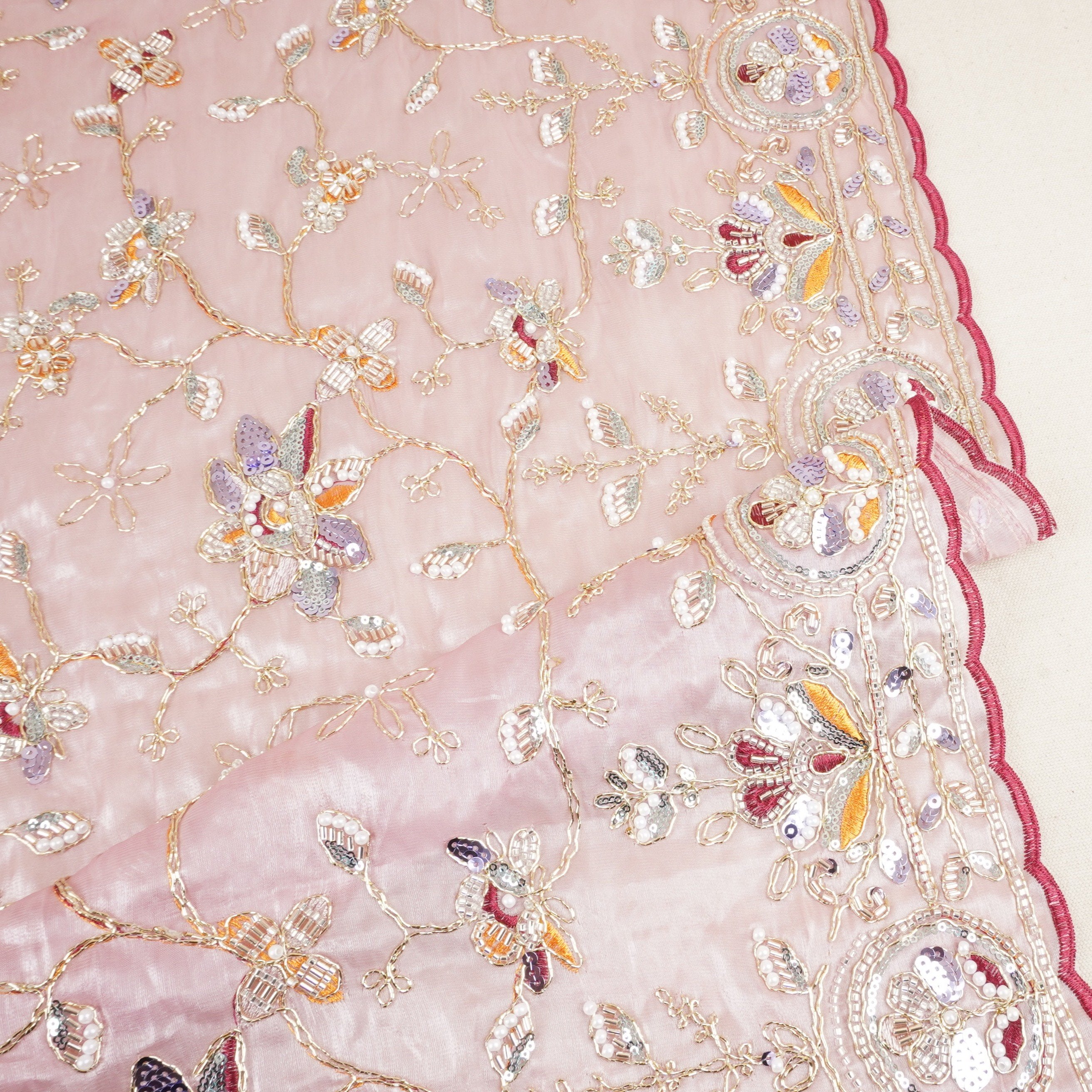Pink Floral Zari Embroidery Tissue Organza Fabric AF-28990 - TradeUNO