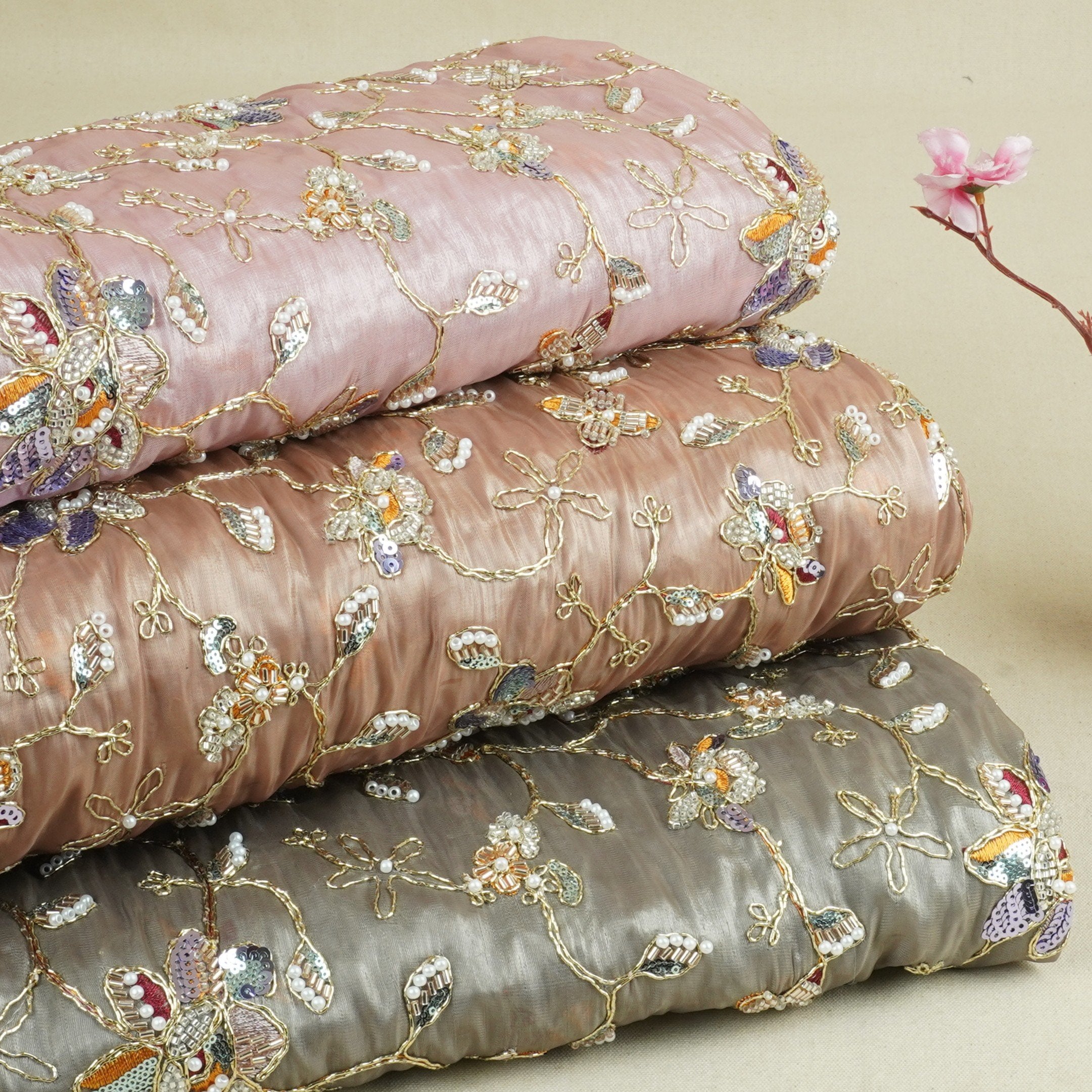 Pink Floral Zari Embroidery Tissue Organza Fabric AF-28990 - TradeUNO