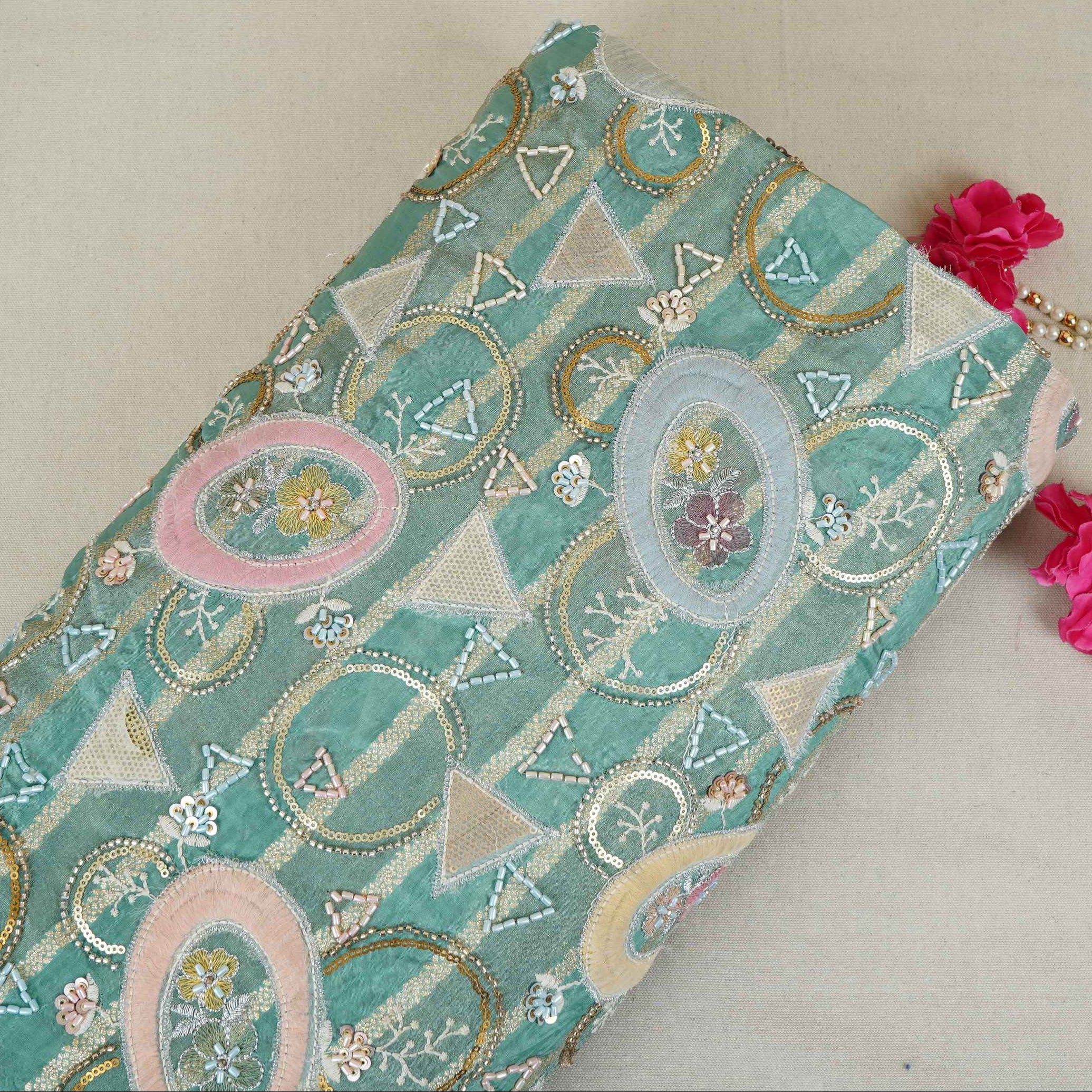 Teal Green Cutdana Premium Embroidery Tissue Fabric GTS-30042 - TradeUNO