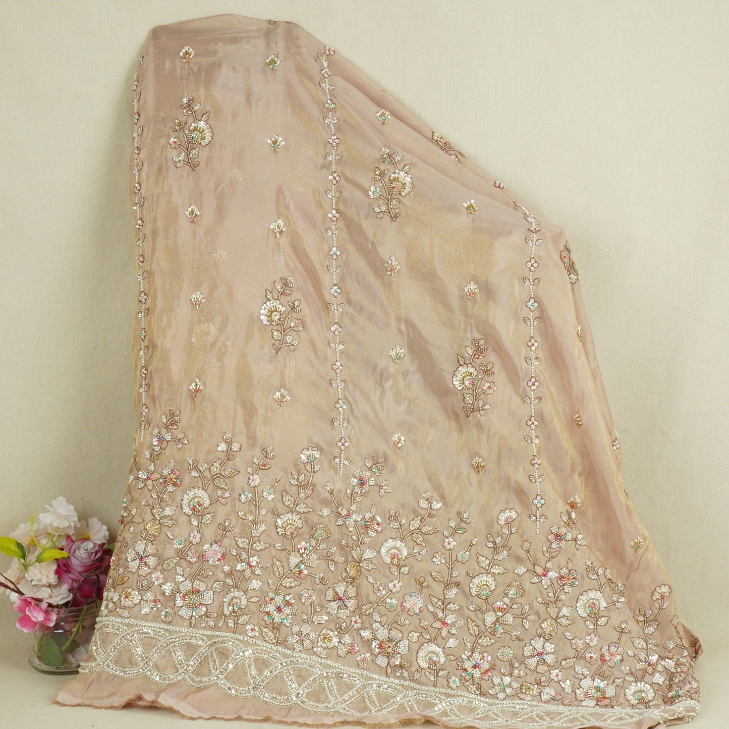Peach Floral Cutdana embroidery Tissue Fabric WI-29023
