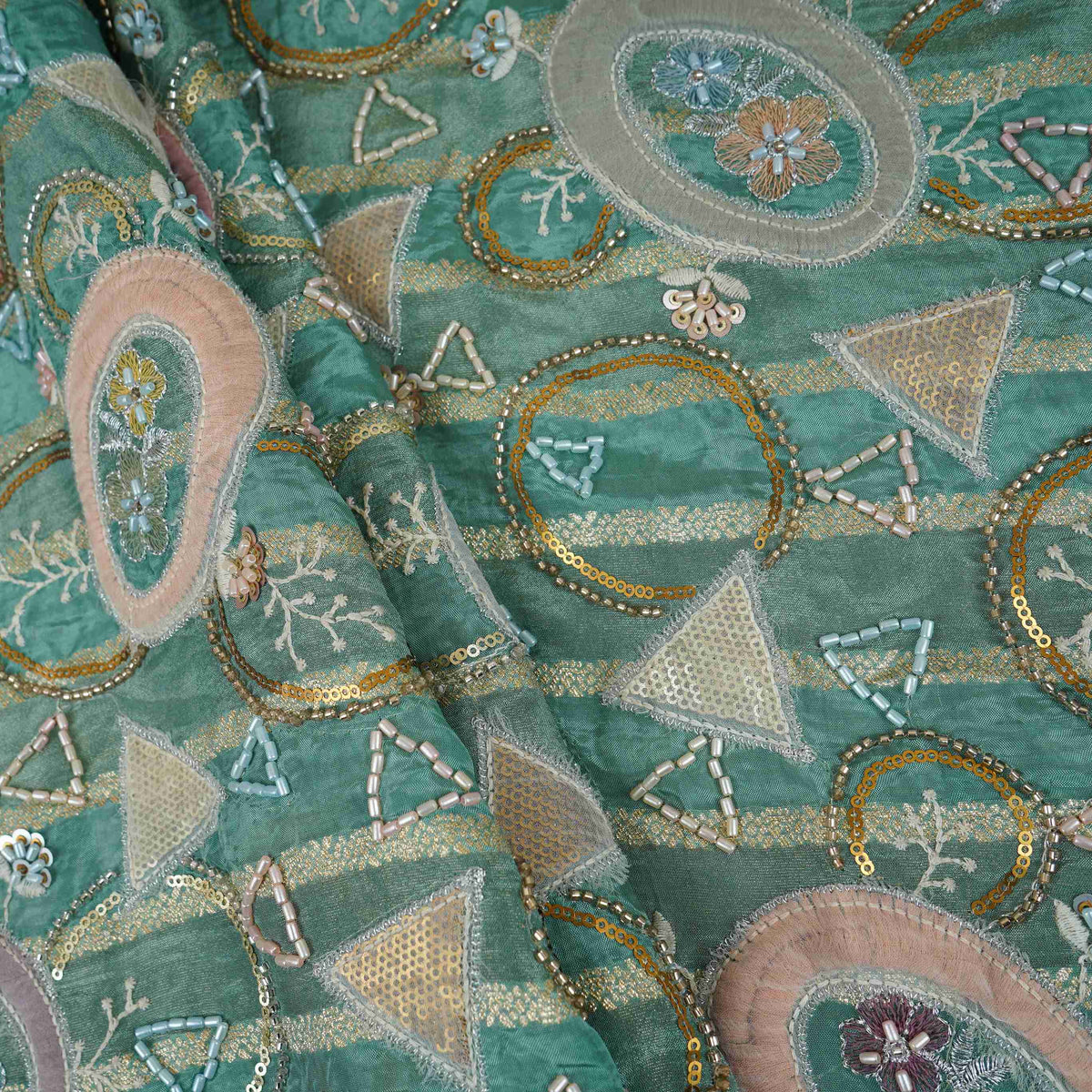 Teal Green Cutdana Premium Embroidery Tissue Fabric GTS-30042 - TradeUNO