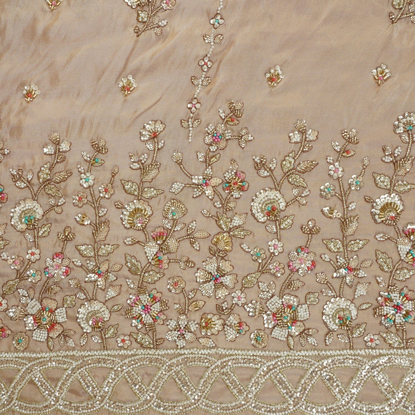 Peach Floral Cutdana embroidery Tissue Fabric WI-29023