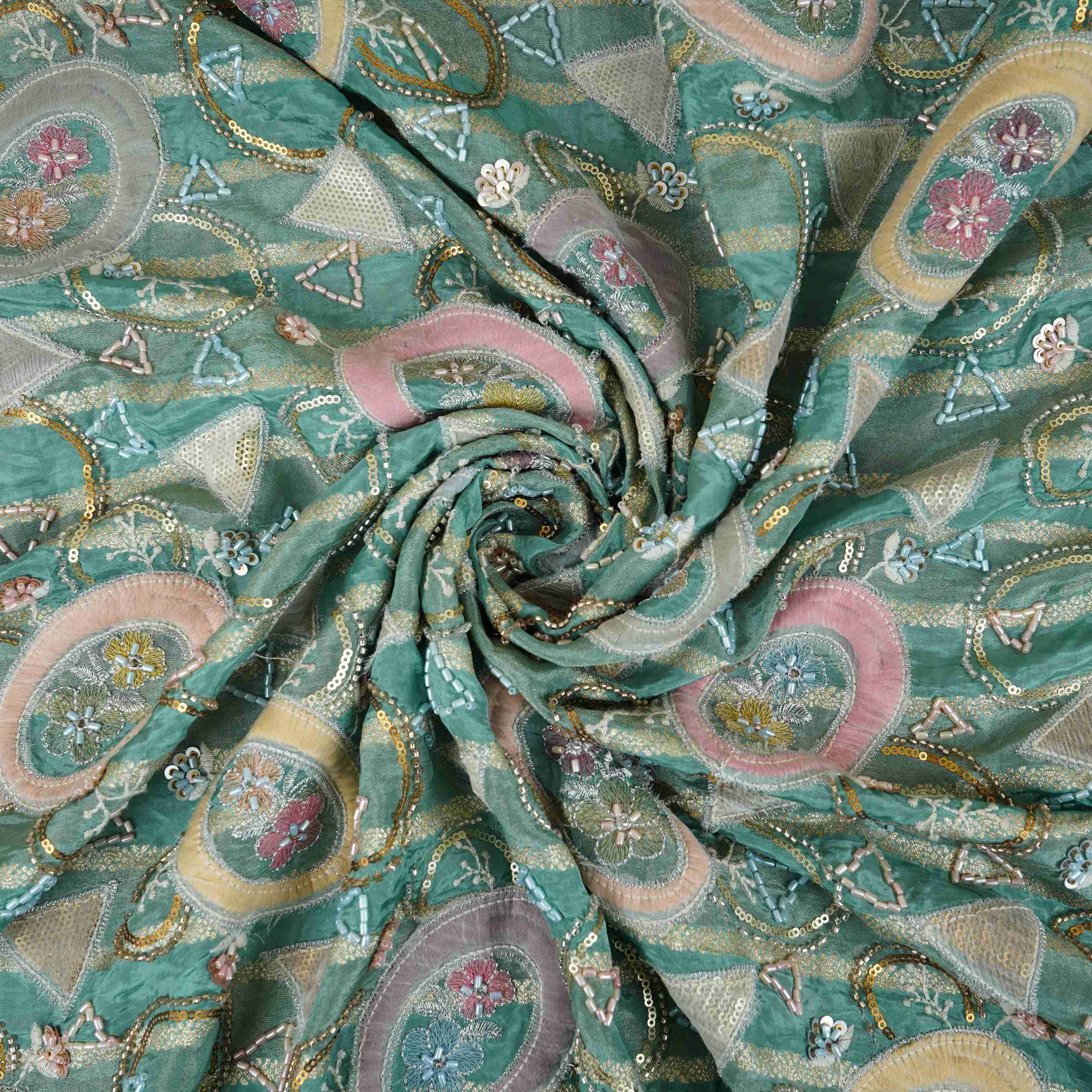 Teal Green Cutdana Premium Embroidery Tissue Fabric GTS-30042 - TradeUNO