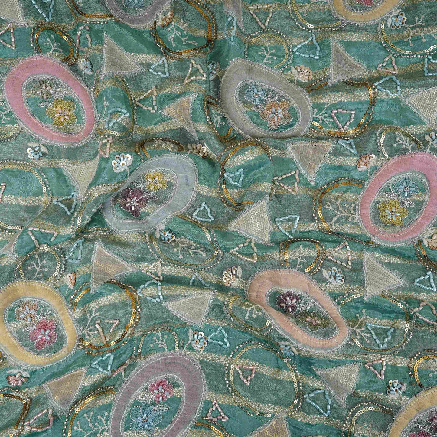 Teal Green Cutdana Premium Embroidery Tissue Fabric GTS-30042