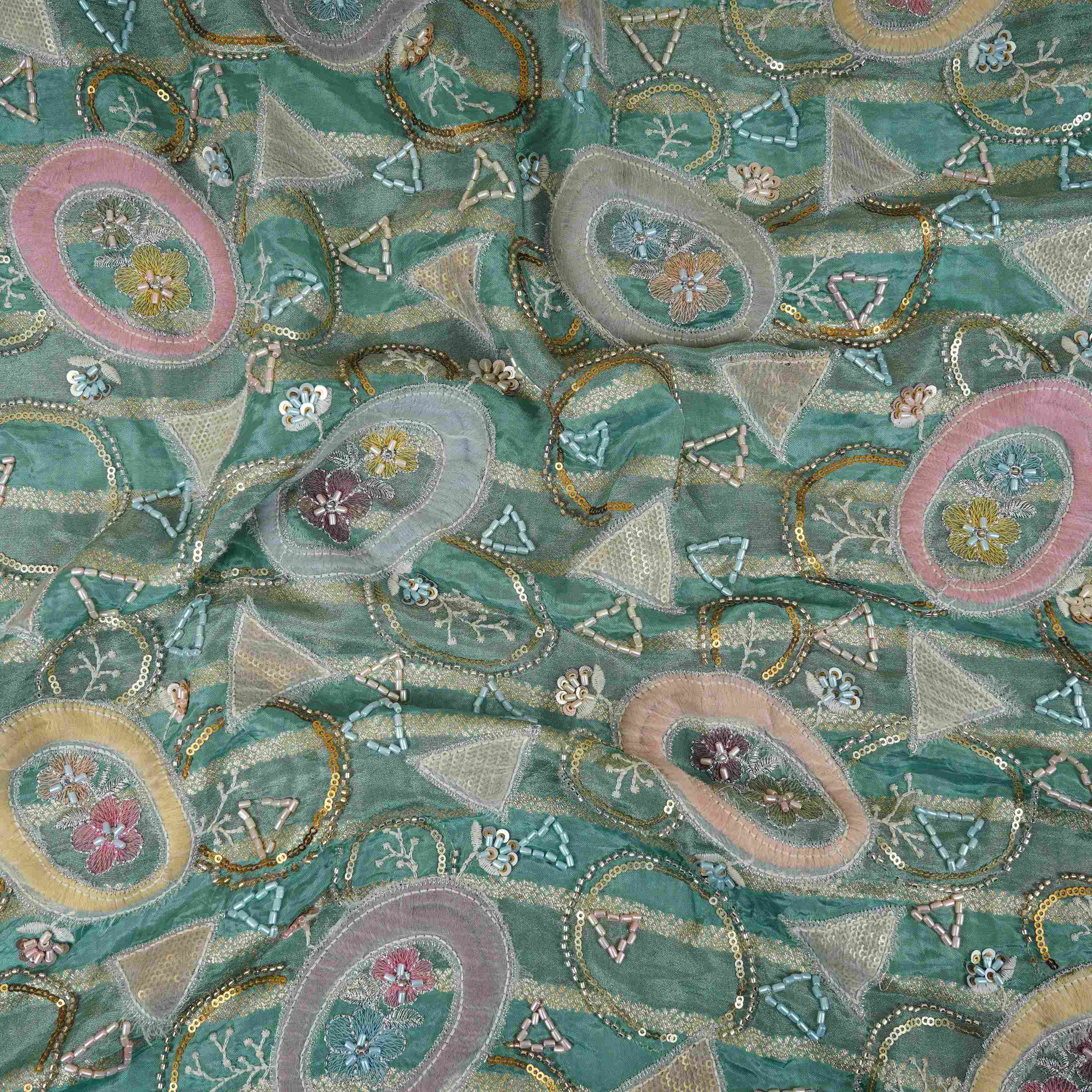 Teal Green Cutdana Premium Embroidery Tissue Fabric GTS-30042 - TradeUNO