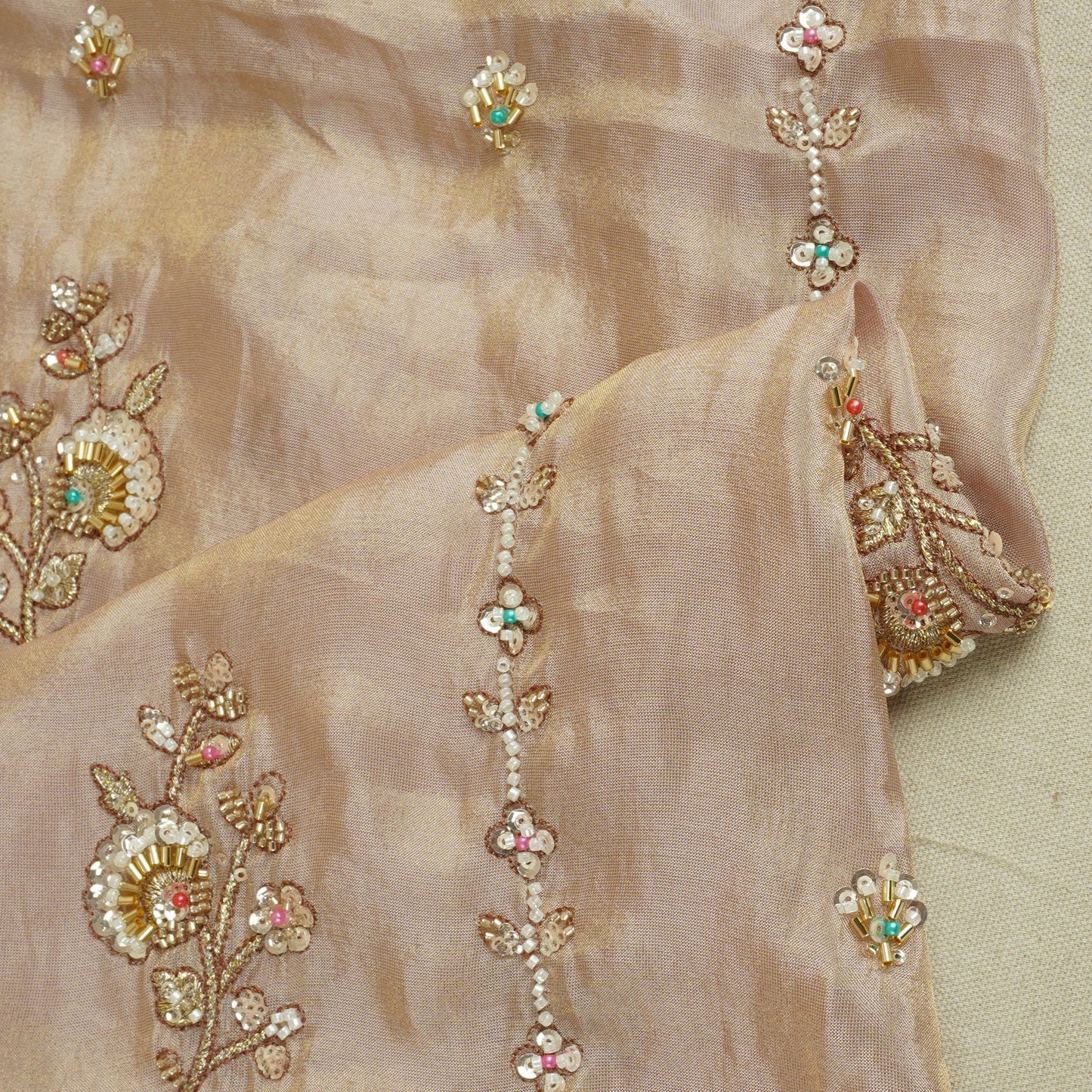 Peach Floral Cutdana embroidery Tissue Fabric WI-29023