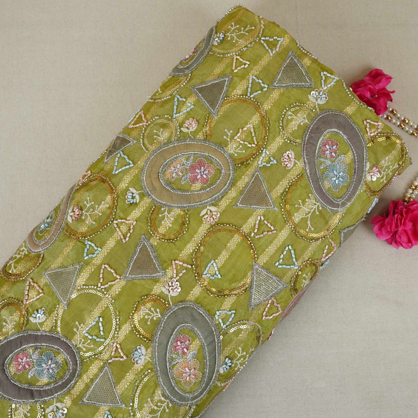 Olive Green Cutdana Premium Embroidery Tissue Fabric GTS-30043