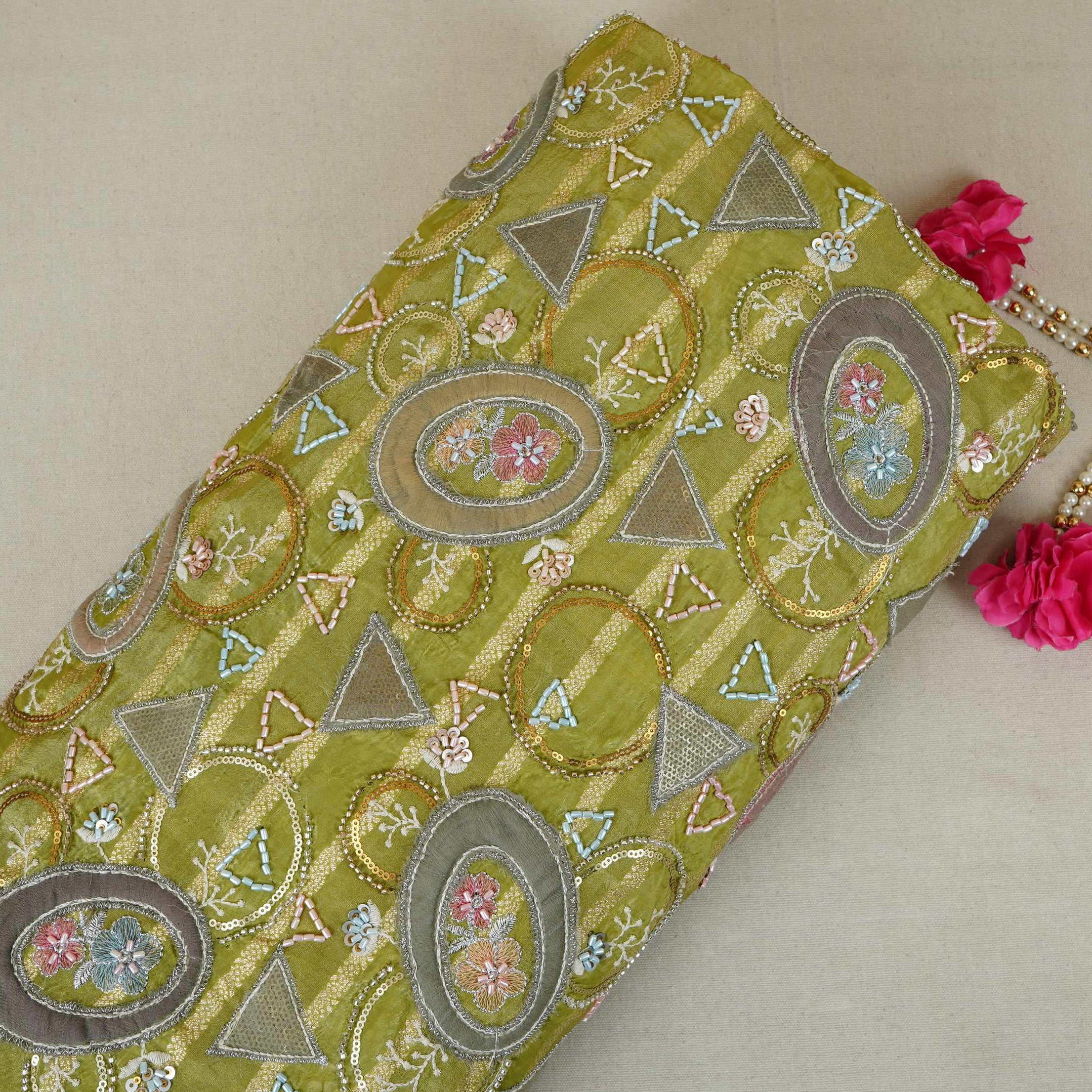 Olive Green Cutdana Premium Embroidery Tissue Fabric GTS-30043 - TradeUNO