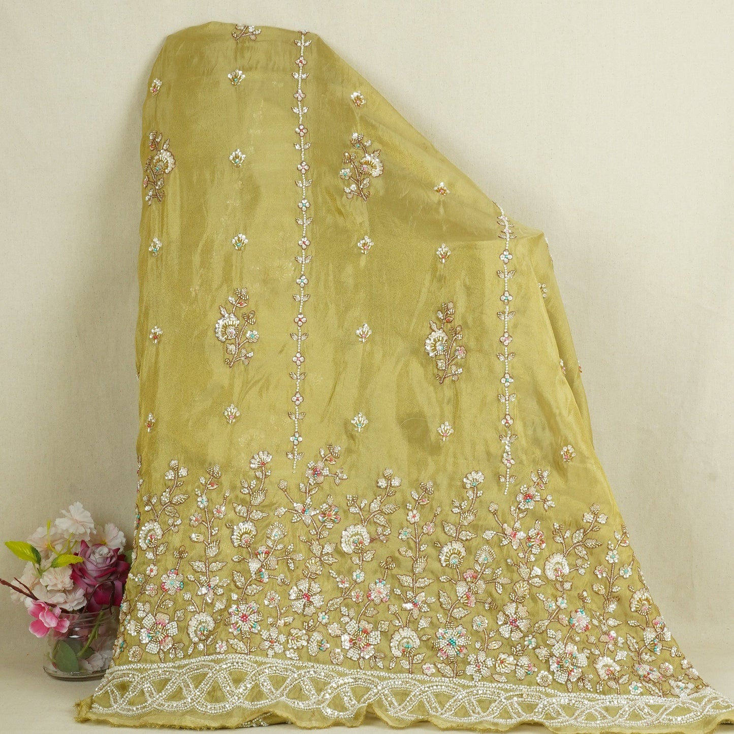 Mustard Floral Cutdana embroidery Tissue Fabric WI-29024