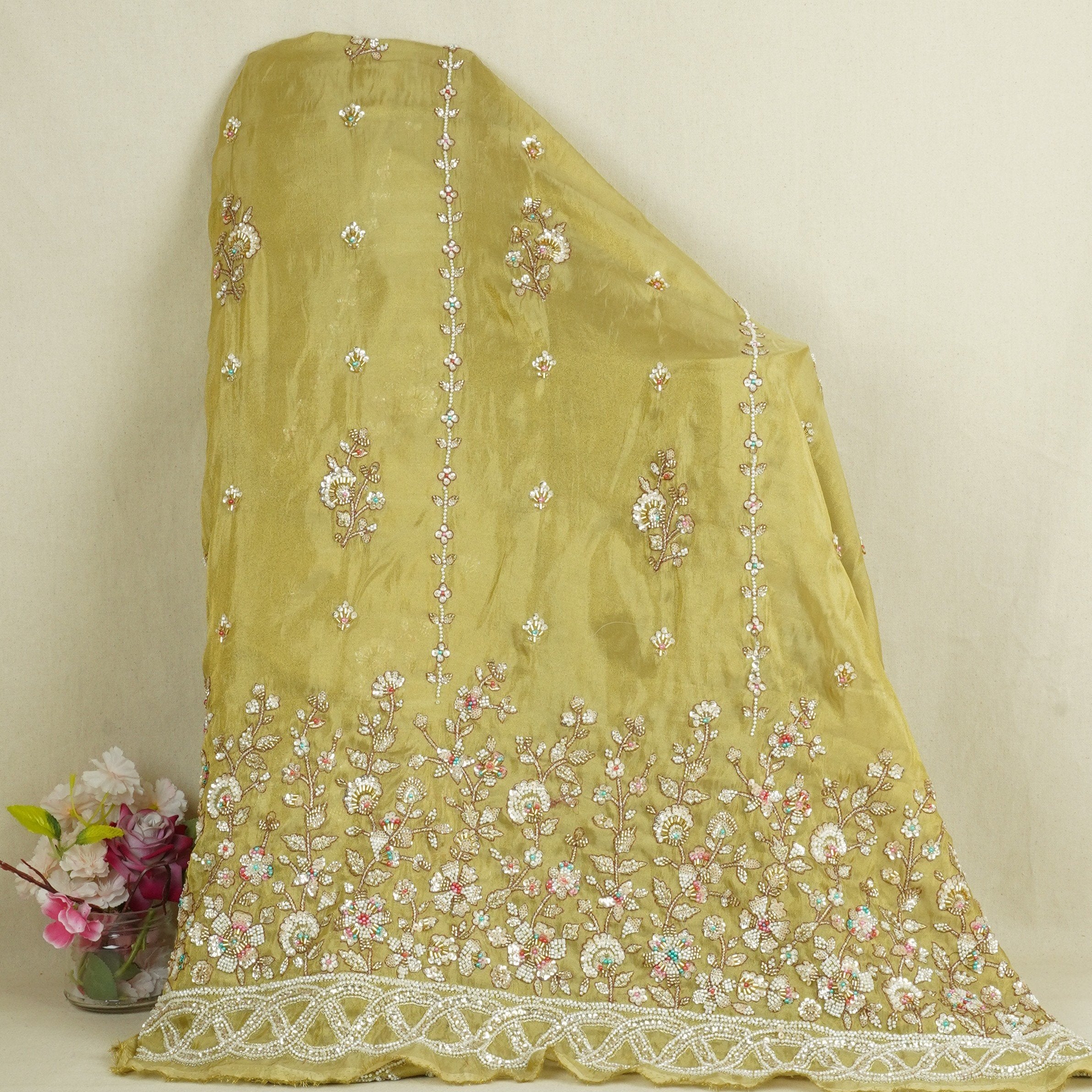 Mustard Floral Cutdana embroidery Tissue Fabric WI-29024 - TradeUNO